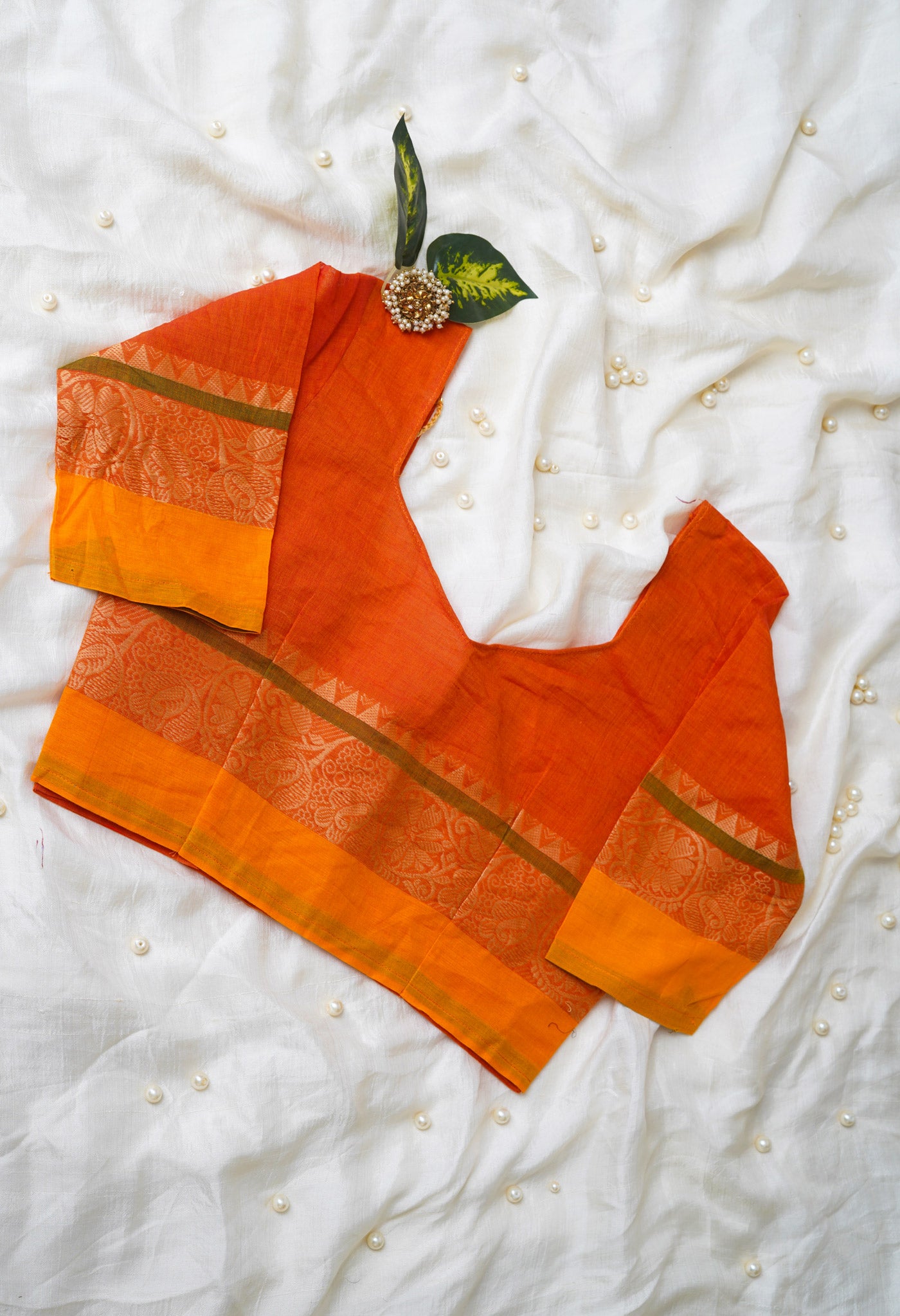 Orange Pure Handloom Pavani Chettinad Cotton Readymade Blouse (32 Size +1inch Margin)–PKB412