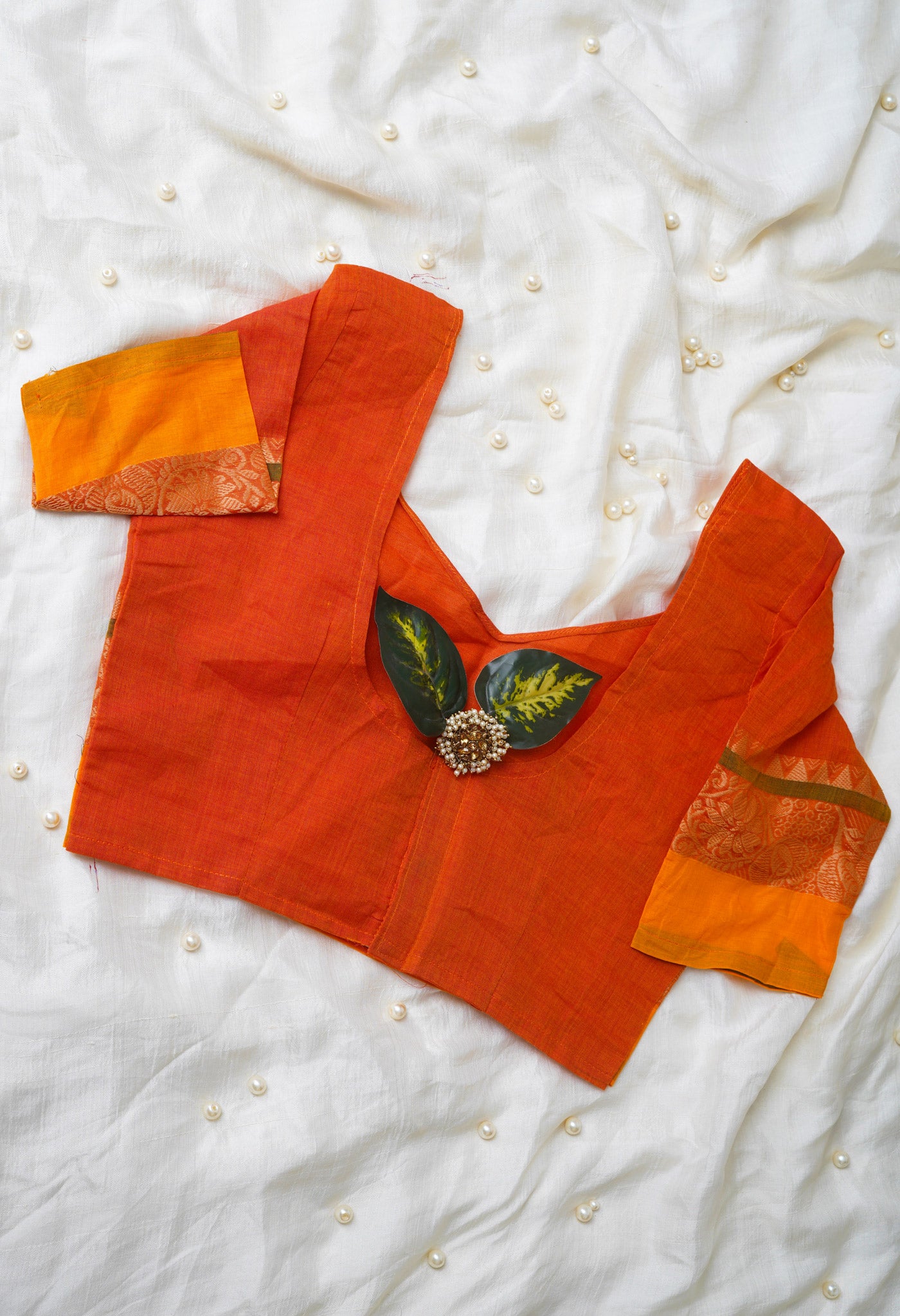 Orange Pure Handloom Pavani Chettinad Cotton Readymade Blouse (32 Size +1inch Margin)–PKB412