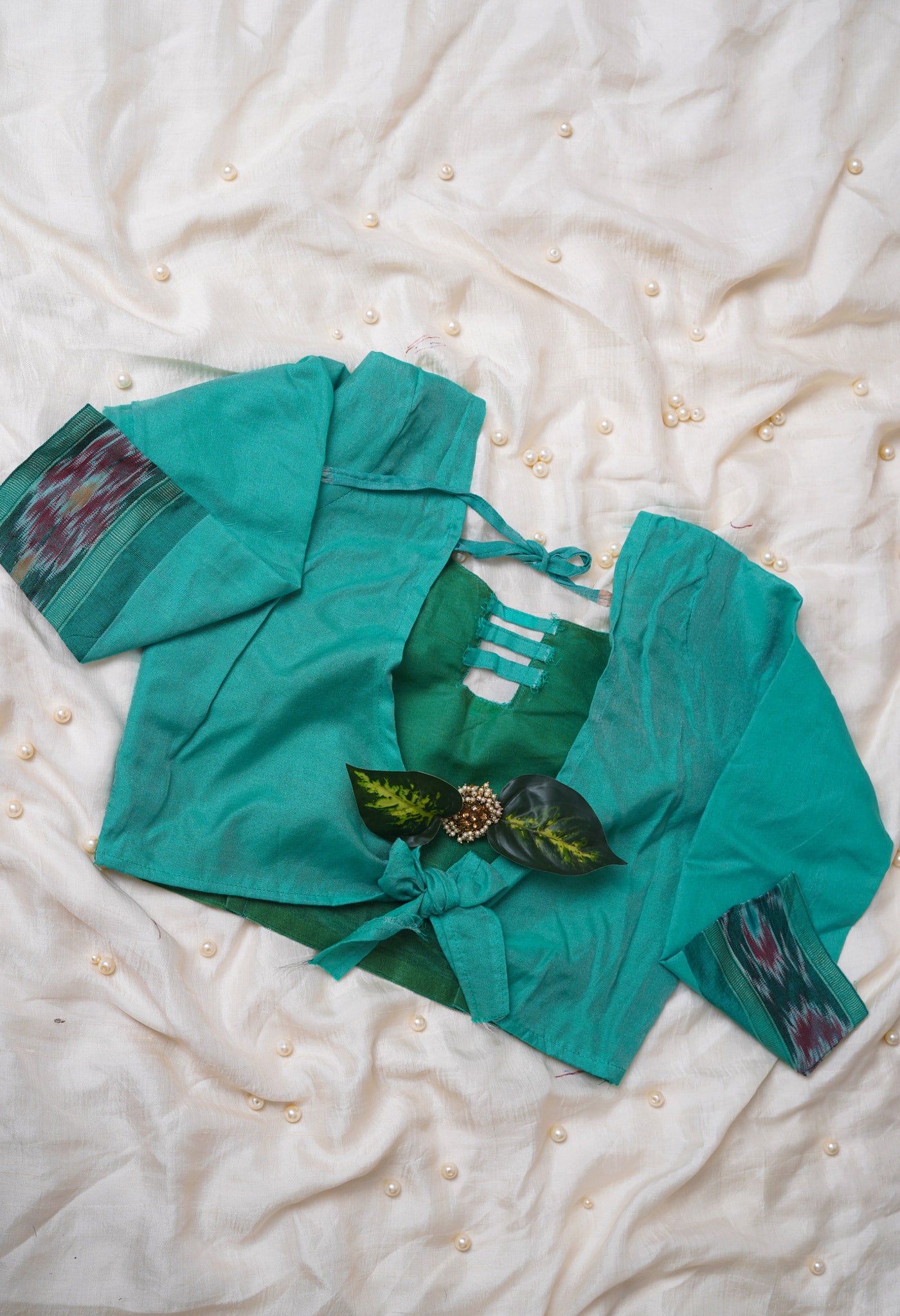 Teal Green Pure Bengal Ghicha Tussar Jute Readymade Blouse (32 Size +1inch Margin)–PKB420