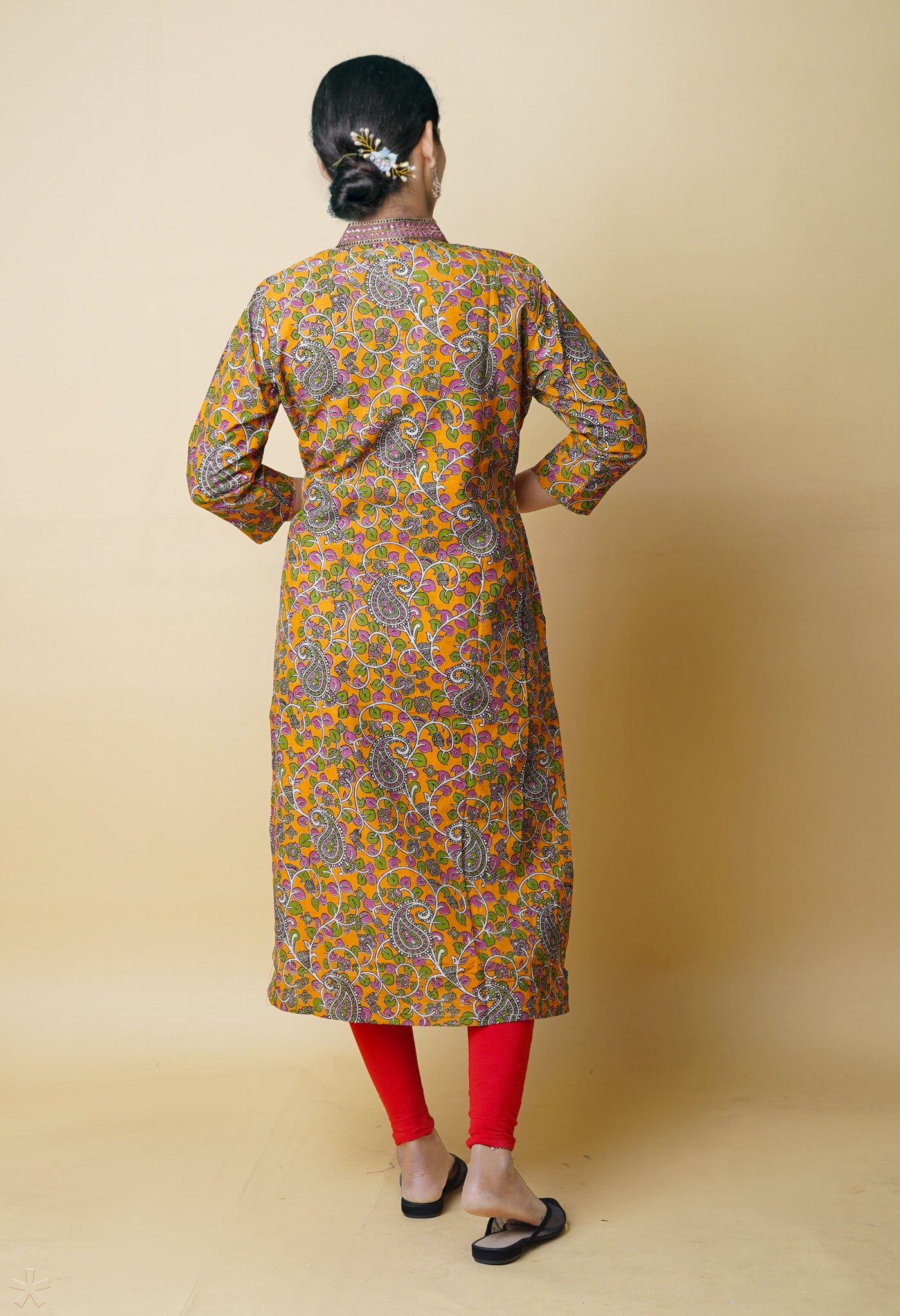 Orange Pure Kalamkari Floral Printed With Embroidery Cotton Kurta-PKK1930