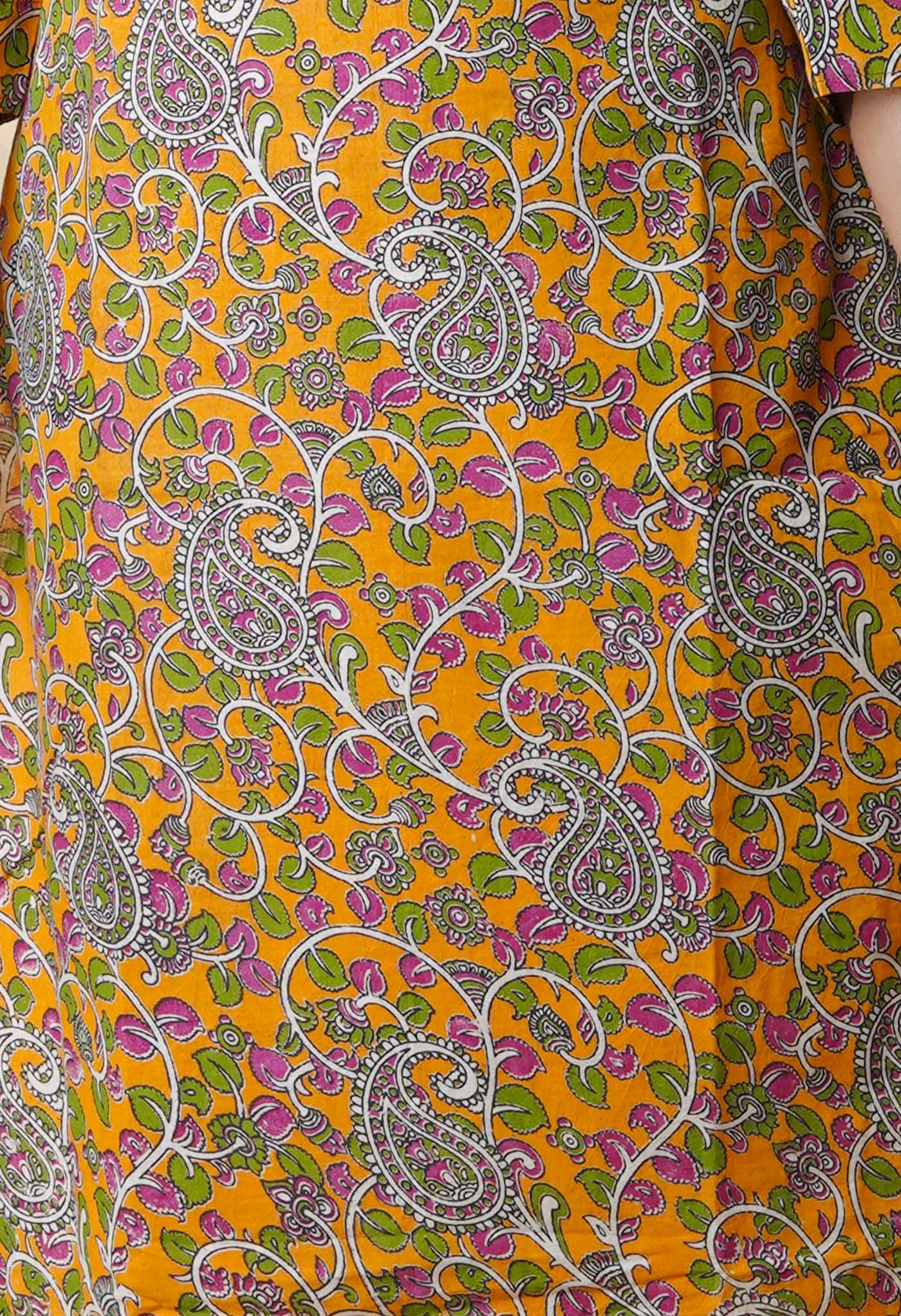 Orange Pure Kalamkari Floral Printed With Embroidery Cotton Kurta-PKK1930