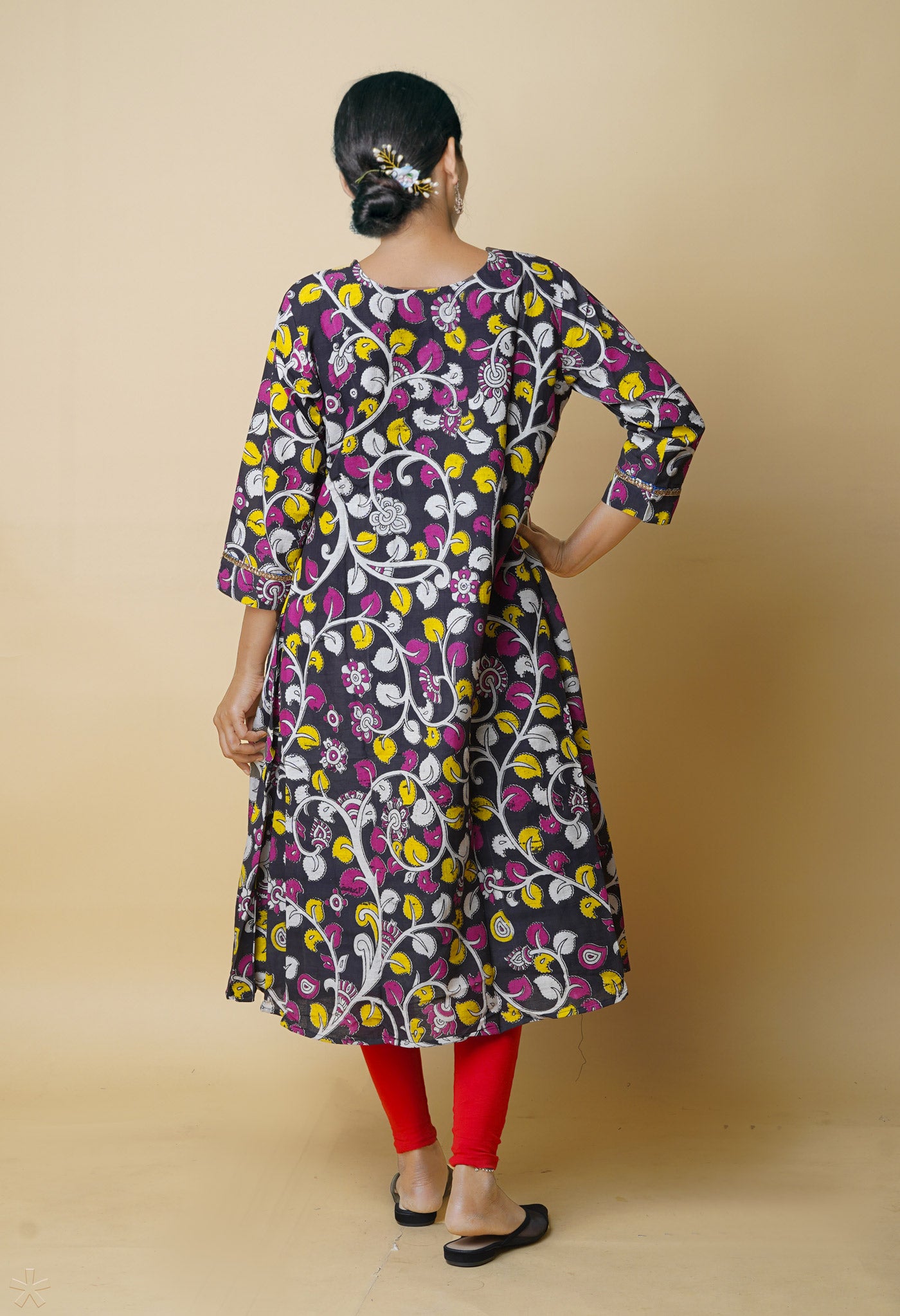 Black Pure Kalamkari Floral Printed With Embroidery Cotton Kurta-PKK1932