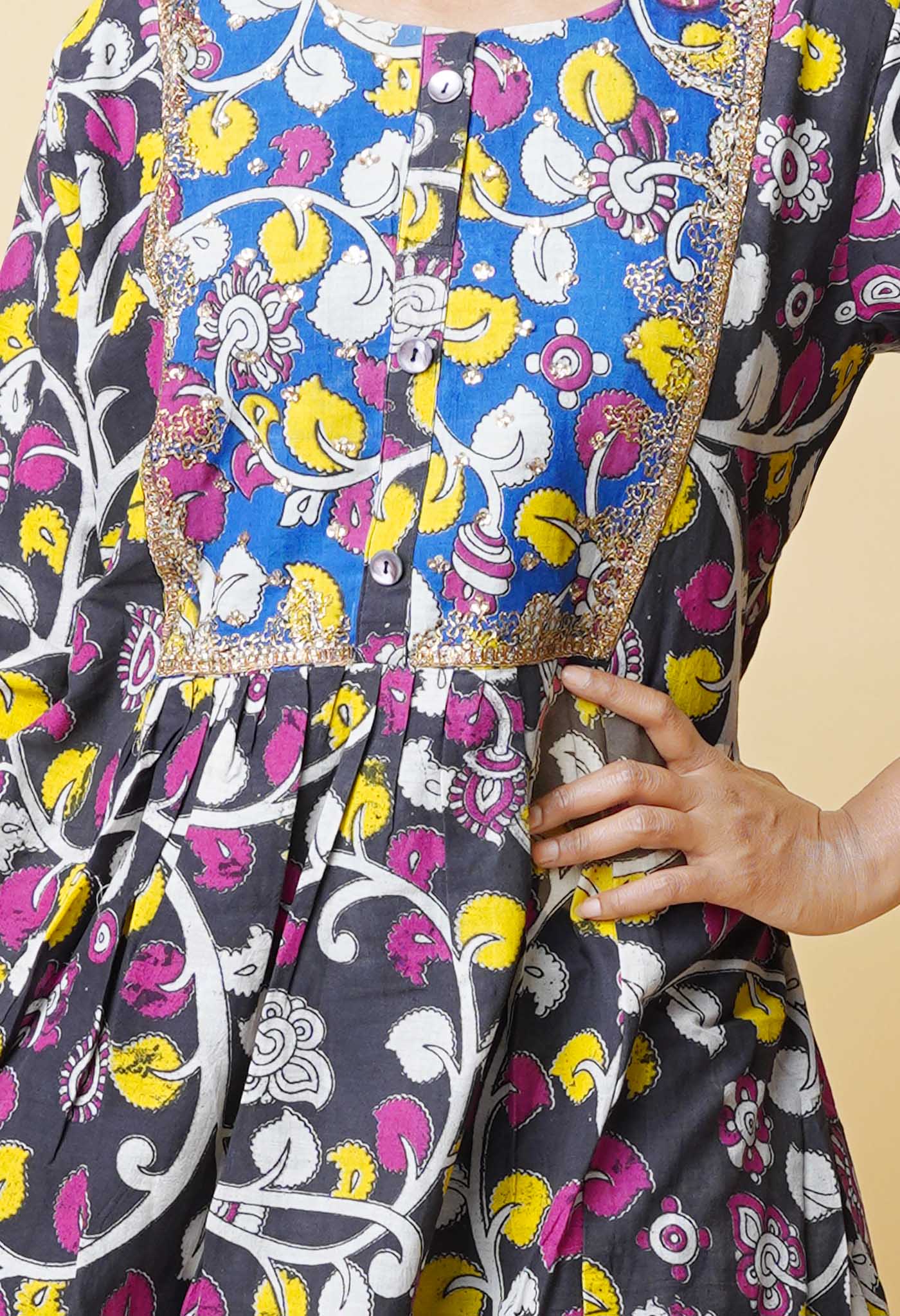 Black Pure Kalamkari Floral Printed With Embroidery Cotton Kurta-PKK1932