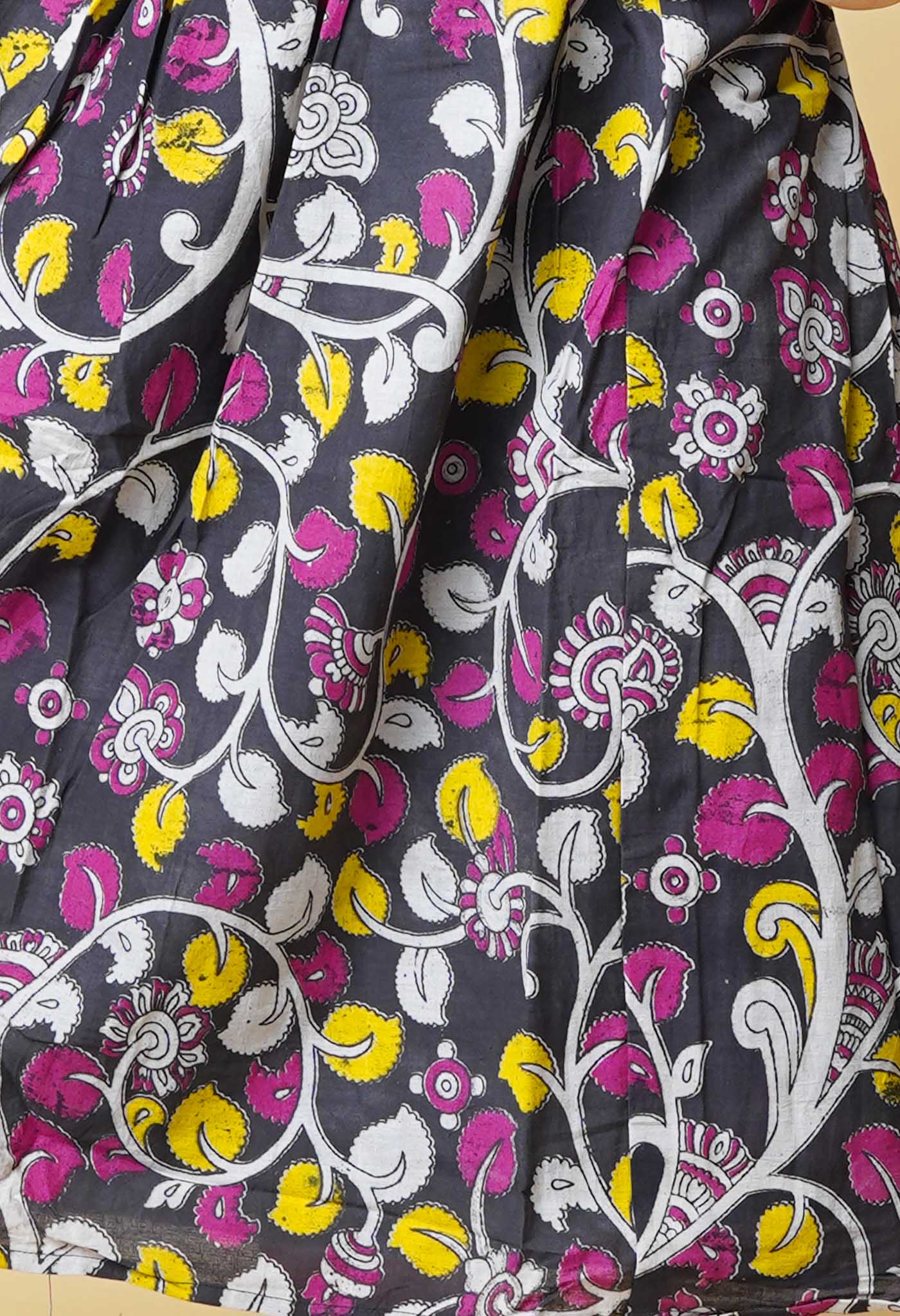 Black Pure Kalamkari Floral Printed With Embroidery Cotton Kurta-PKK1932