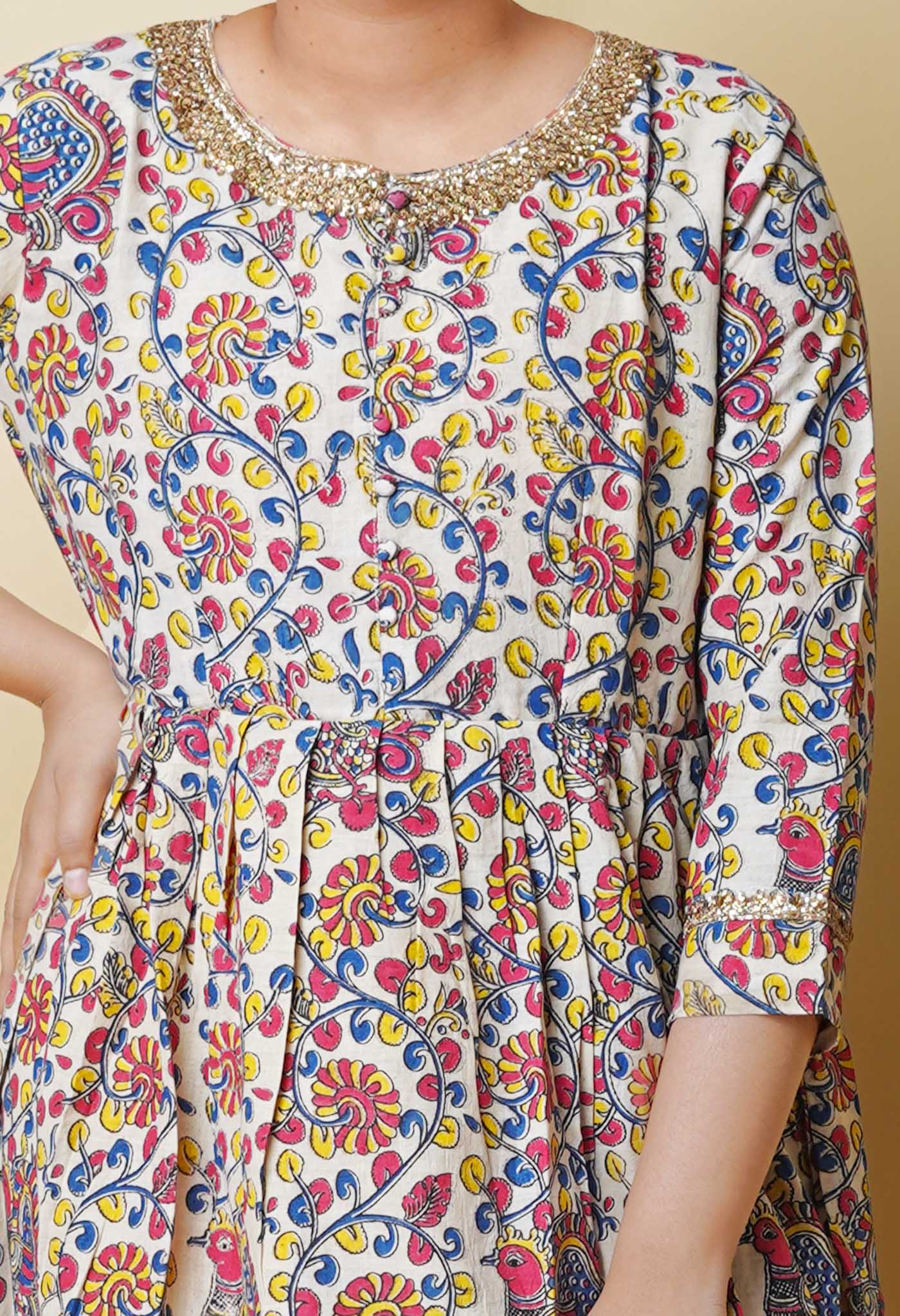 Cream Pure Kalamkari Floral Printed With Embroidery Cotton Kurta-PKK1933