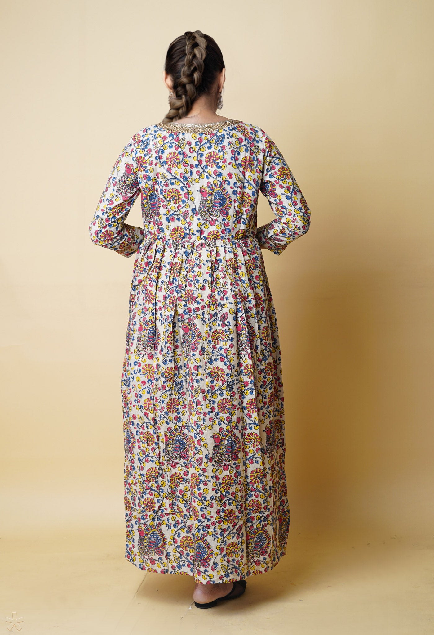 Cream Pure Kalamkari Floral Printed With Embroidery Cotton Kurta-PKK1933