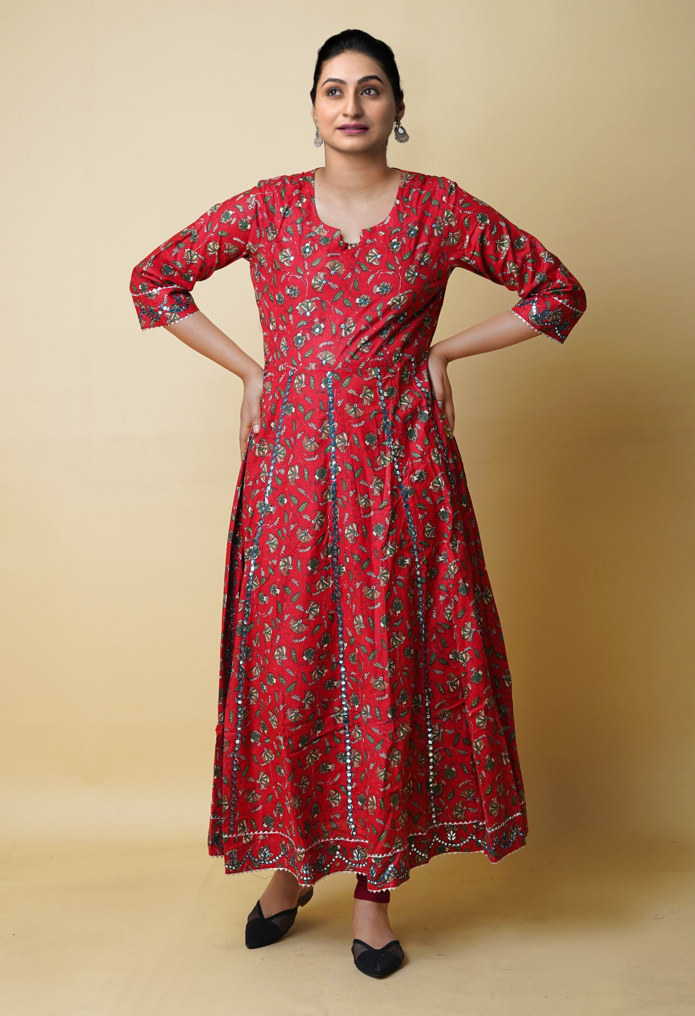 Red Pure Kalamkari Floral Printed With Embroidery Cotton Kurta-PKK1934