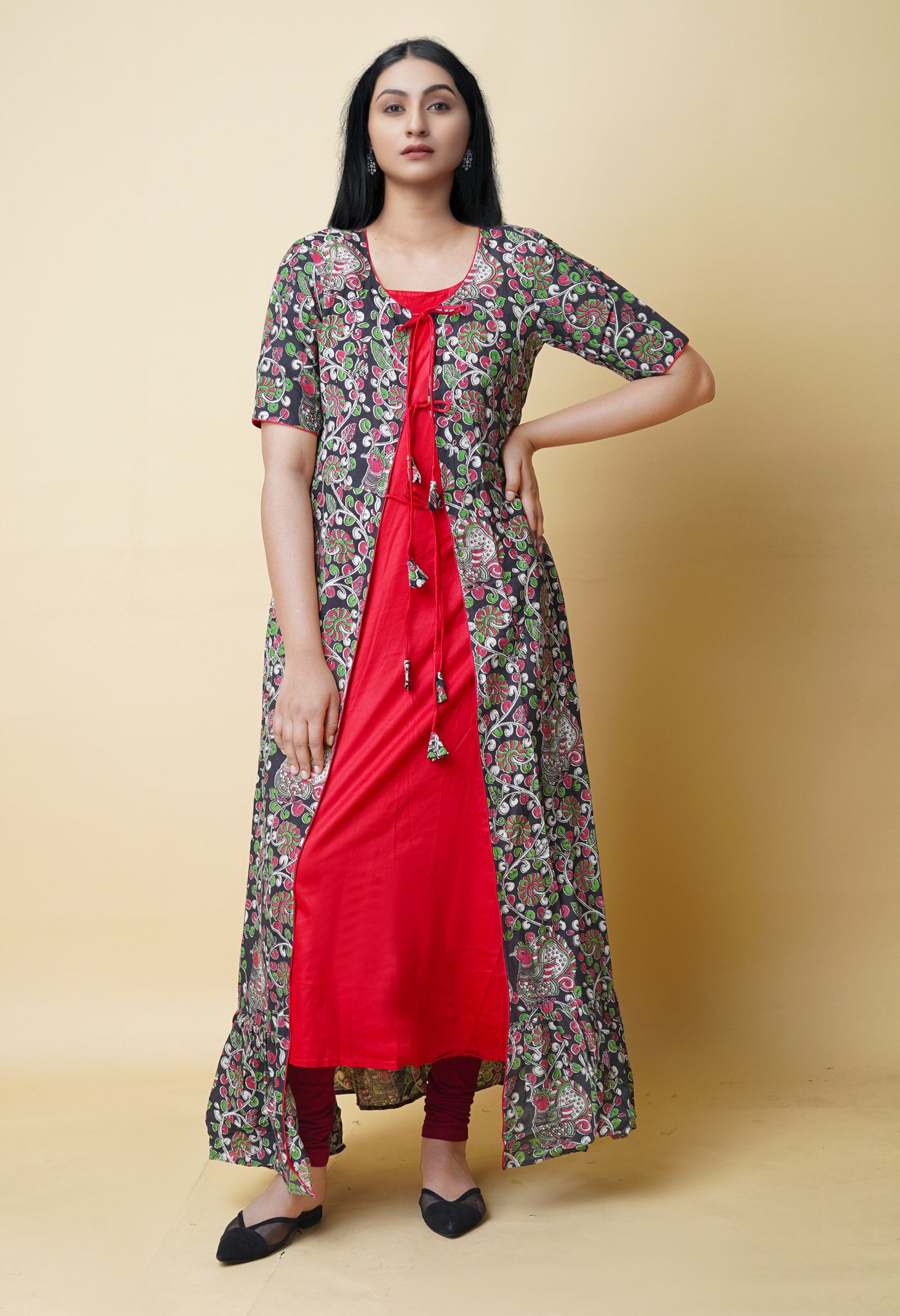 Black-Red Pure Kalamkari Floral Printed Cotton Kurta-PKK1942