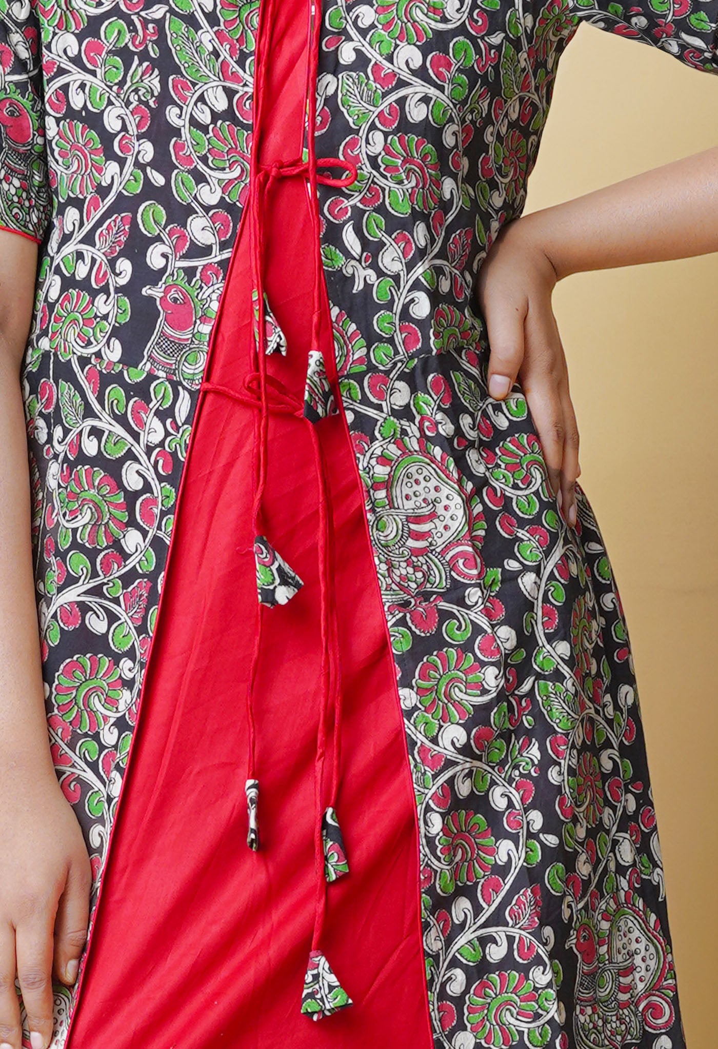 Black-Red Pure Kalamkari Floral Printed Cotton Kurta-PKK1942