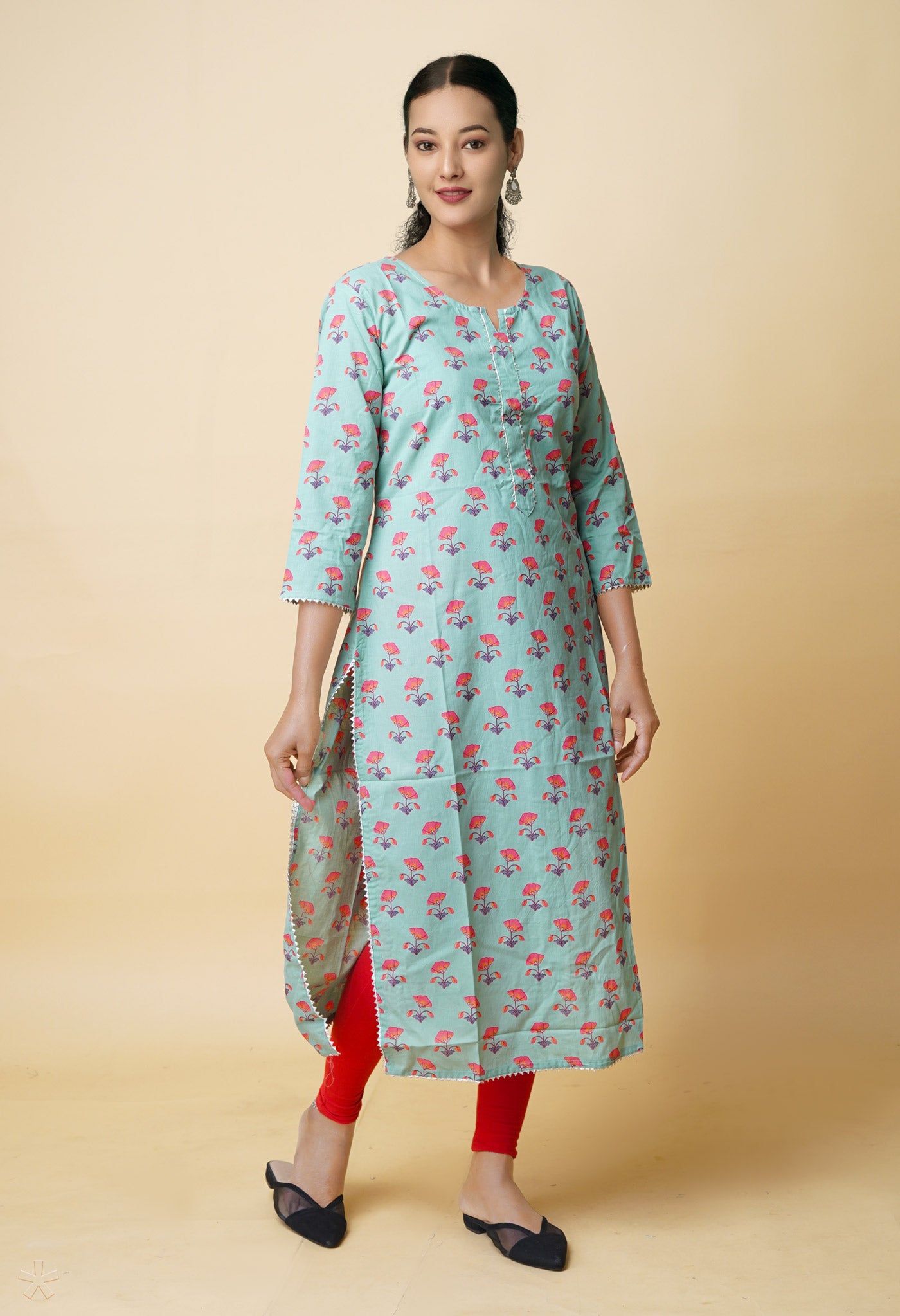 Pastel Green Pure Bagru Floral Printed Cotton Kurta-PKK1944