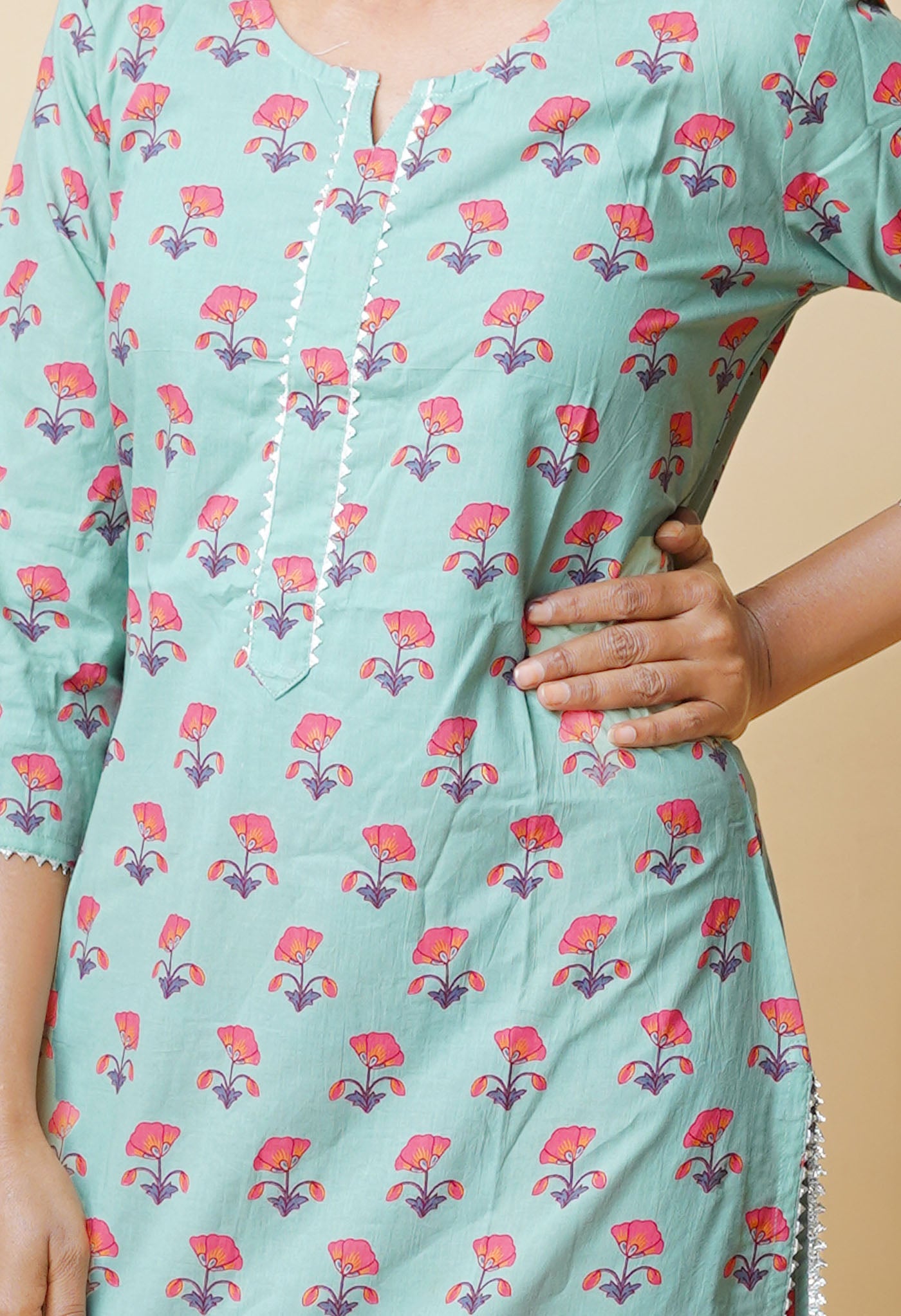 Pastel Green Pure Bagru Floral Printed Cotton Kurta-PKK1944