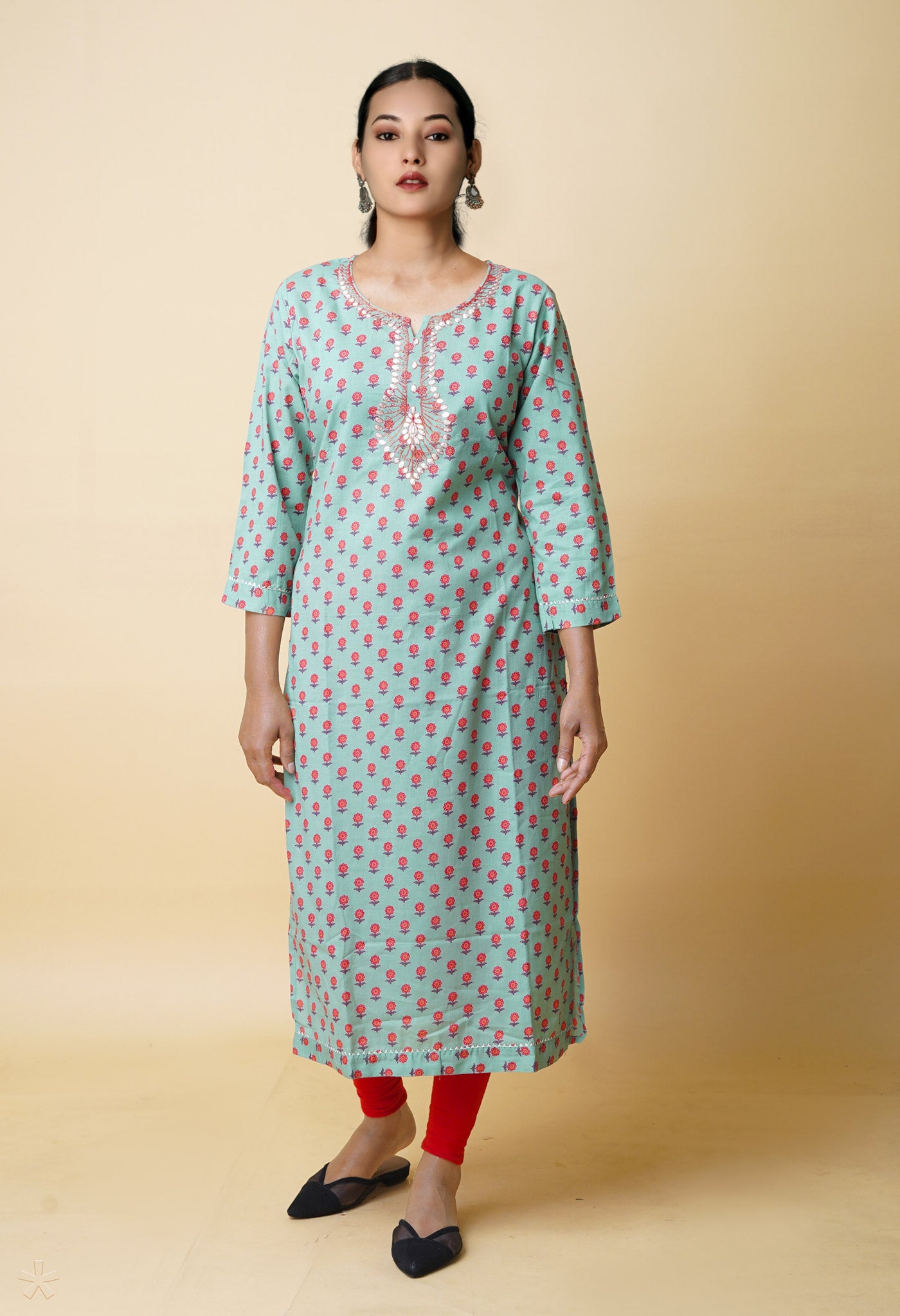 Pastel Green Pure Bagru Floral Printed With Embroidery Cotton Kurta-PKK1945