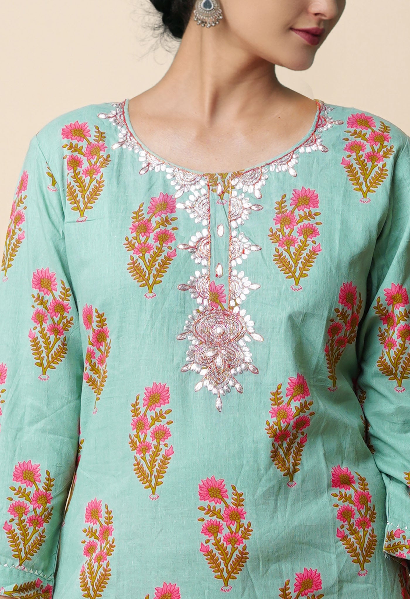 Pastel Green Pure Bagru Floral Printed With Embroidery Cotton Kurta-PKK1946