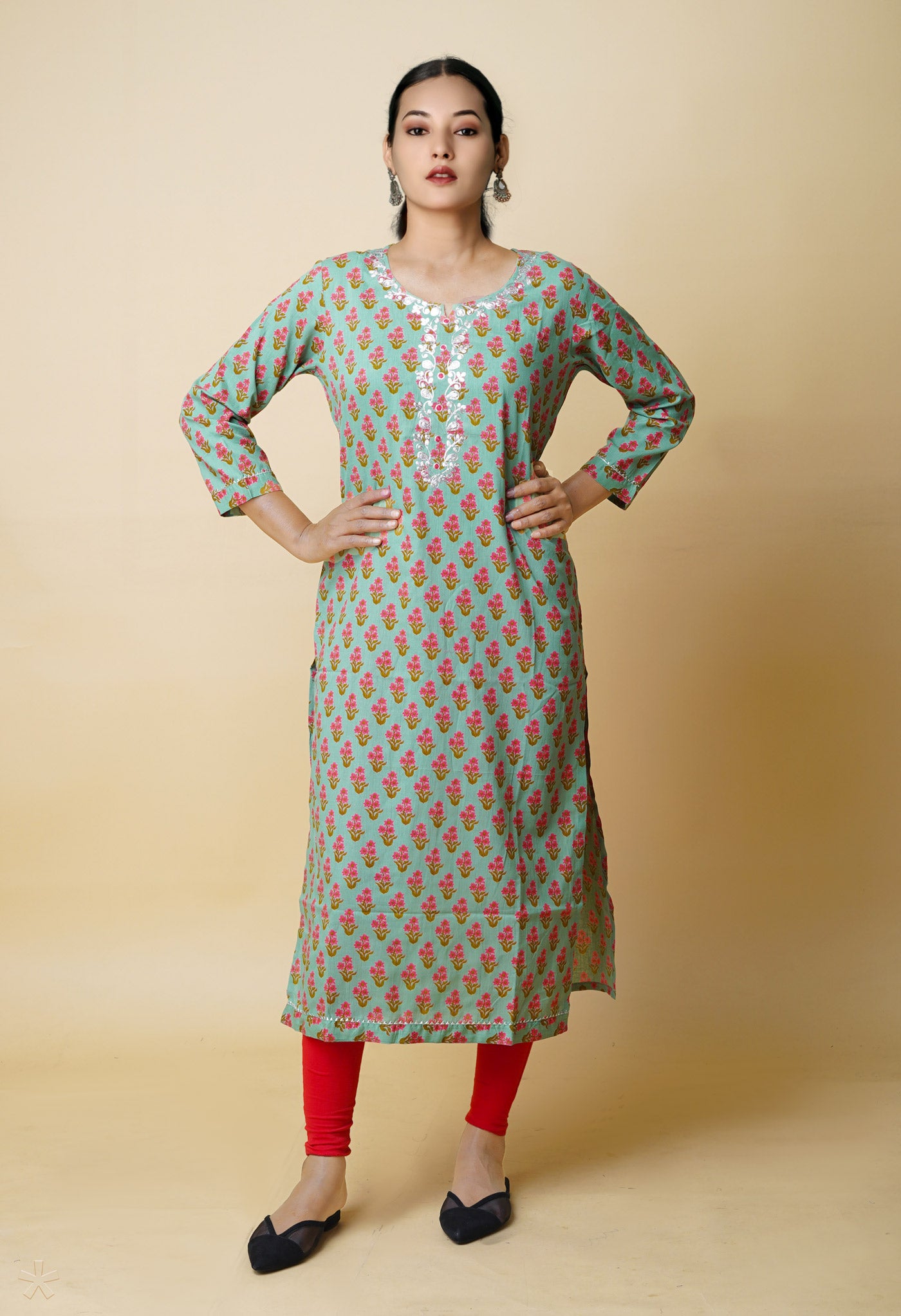 Pastel Green Pure Bagru Floral Printed With Embroidery Cotton Kurta-PKK1948