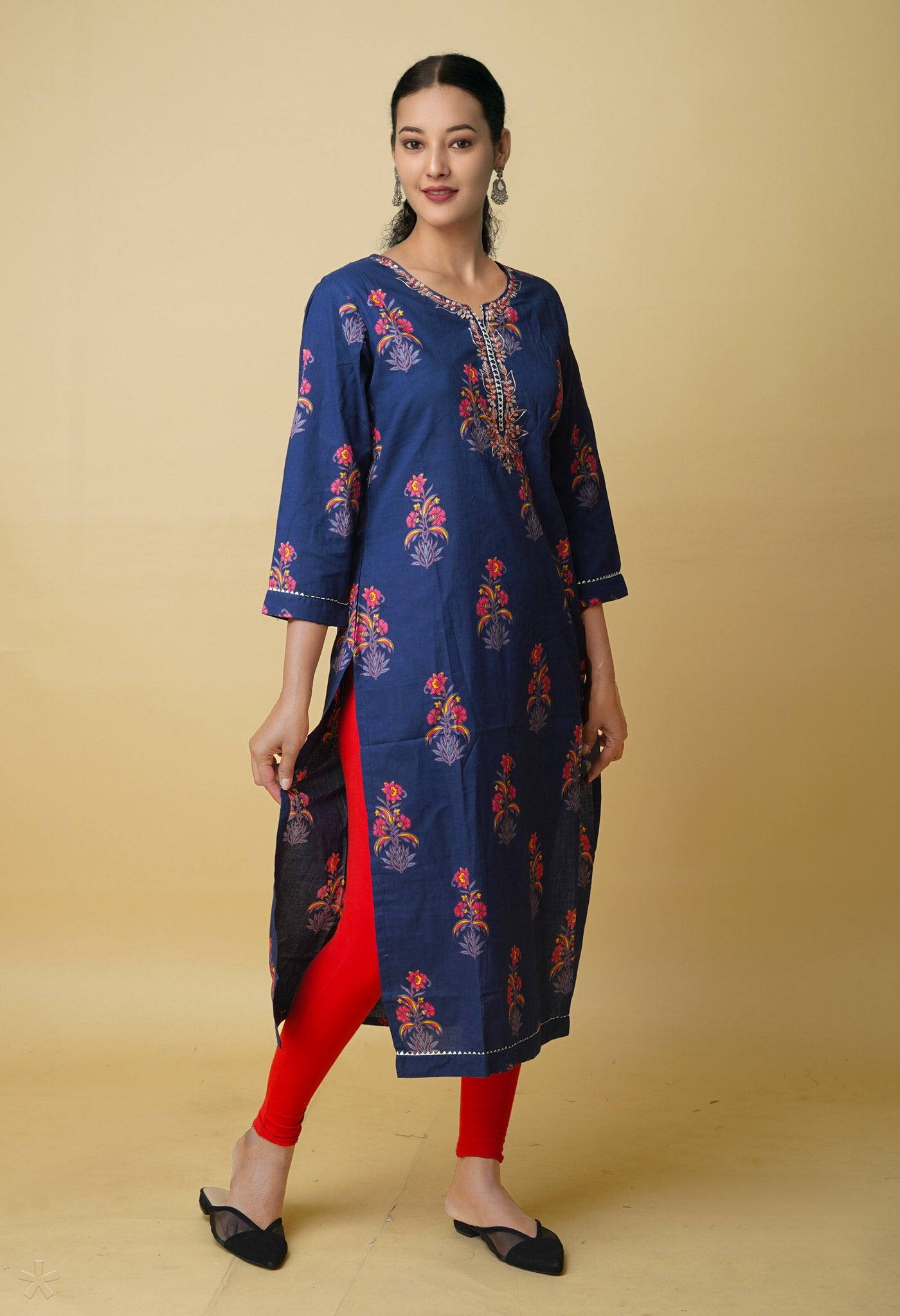 Navy Blue Pure Bagru Floral Printed With Embroidery Cotton Kurta-PKK1950