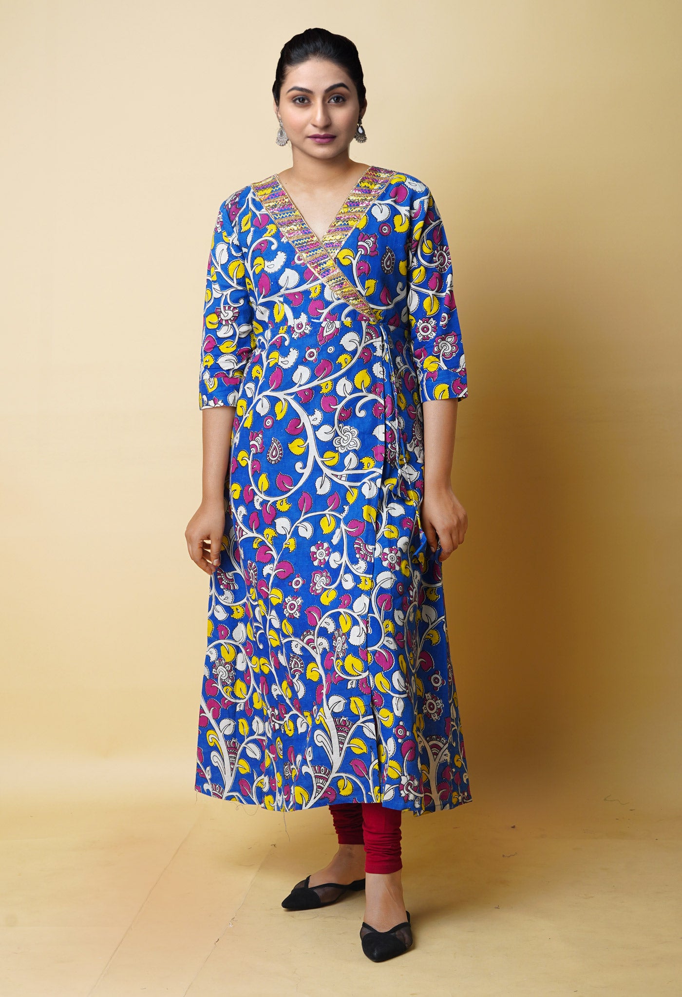 Blue Pure Kalamkari Floral Printed With Embroidery Cotton Kurta-PKK1951