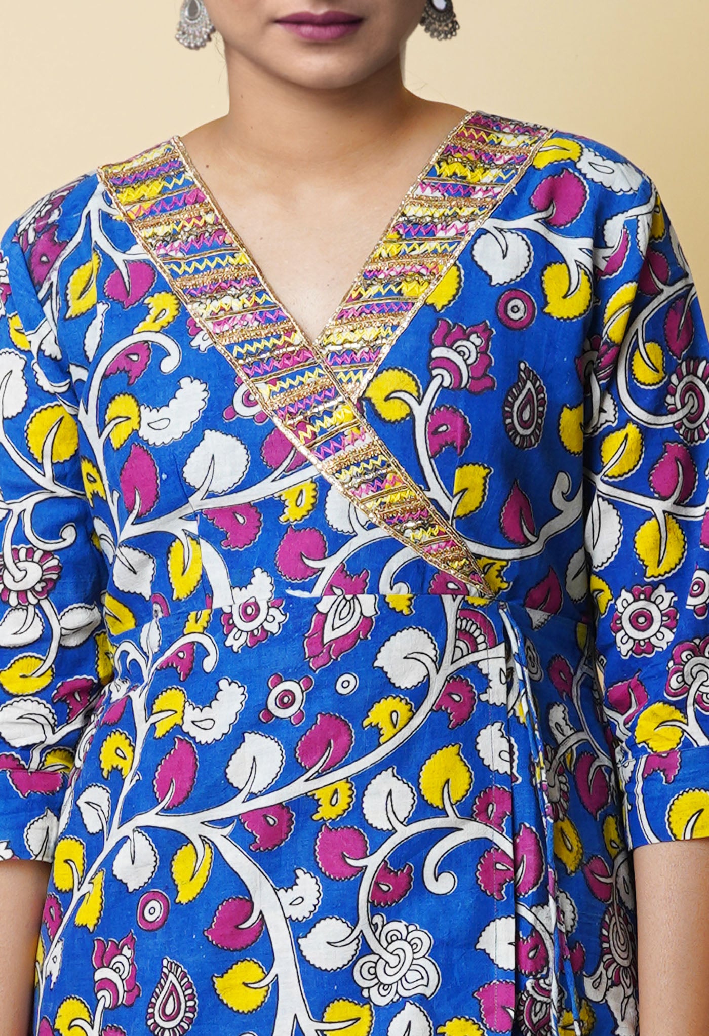 Blue Pure Kalamkari Floral Printed With Embroidery Cotton Kurta-PKK1951