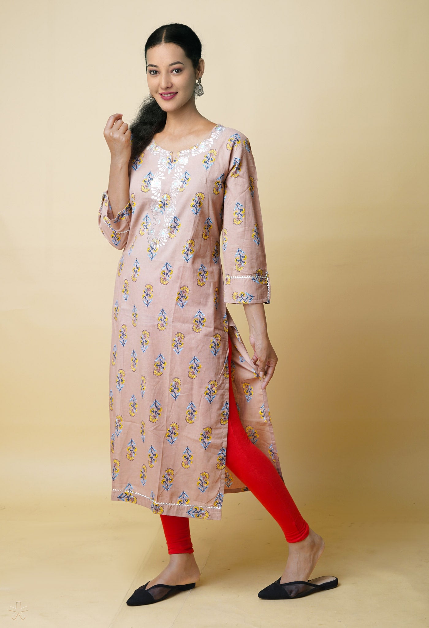 Pale Beaver Brown Pure Bagru Floral Printed With Embroidery Cotton Kurta-PKK1953