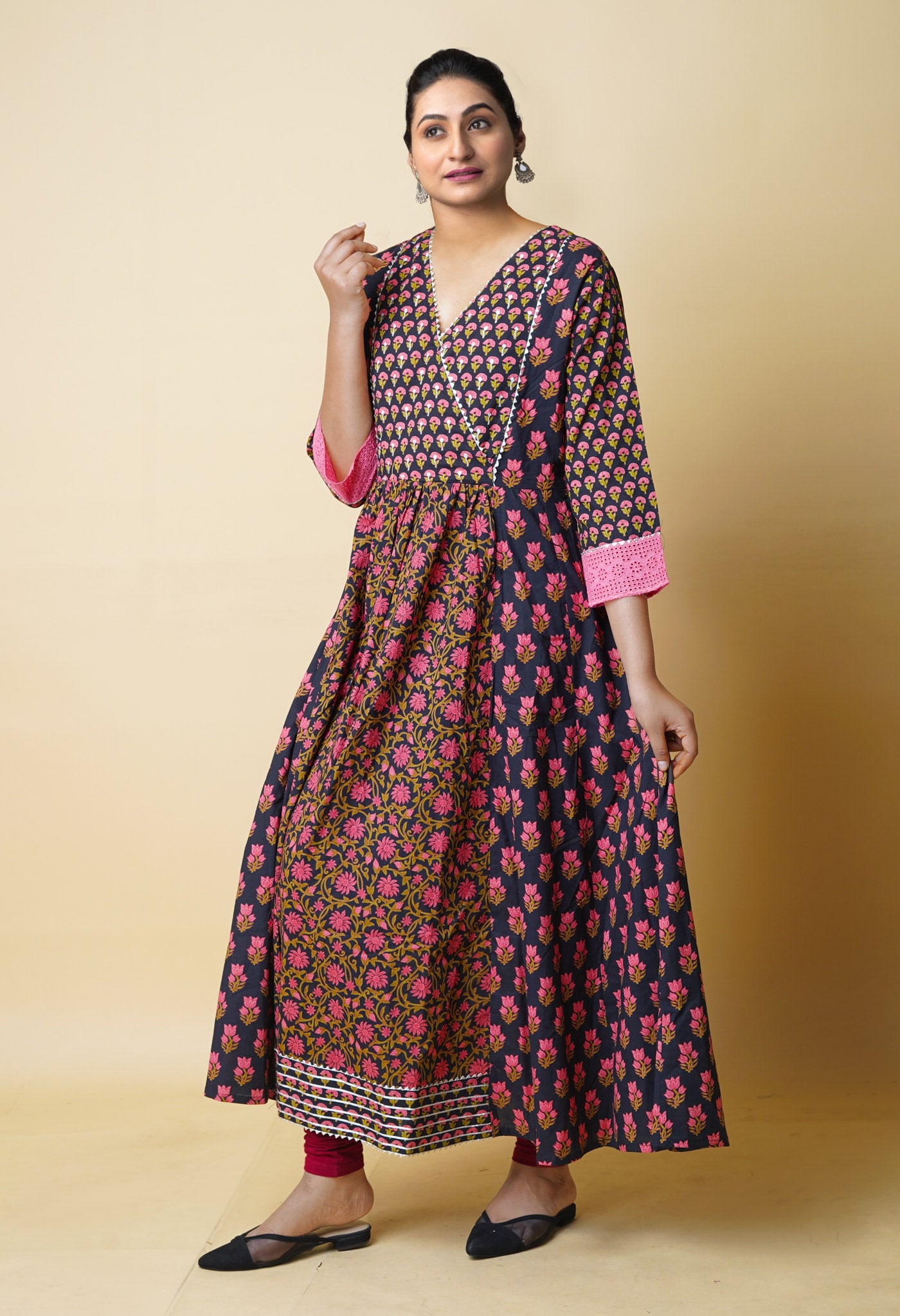 Black Pure Bagru Floral Printed With Embroidery Cotton Kurta-PKK1955