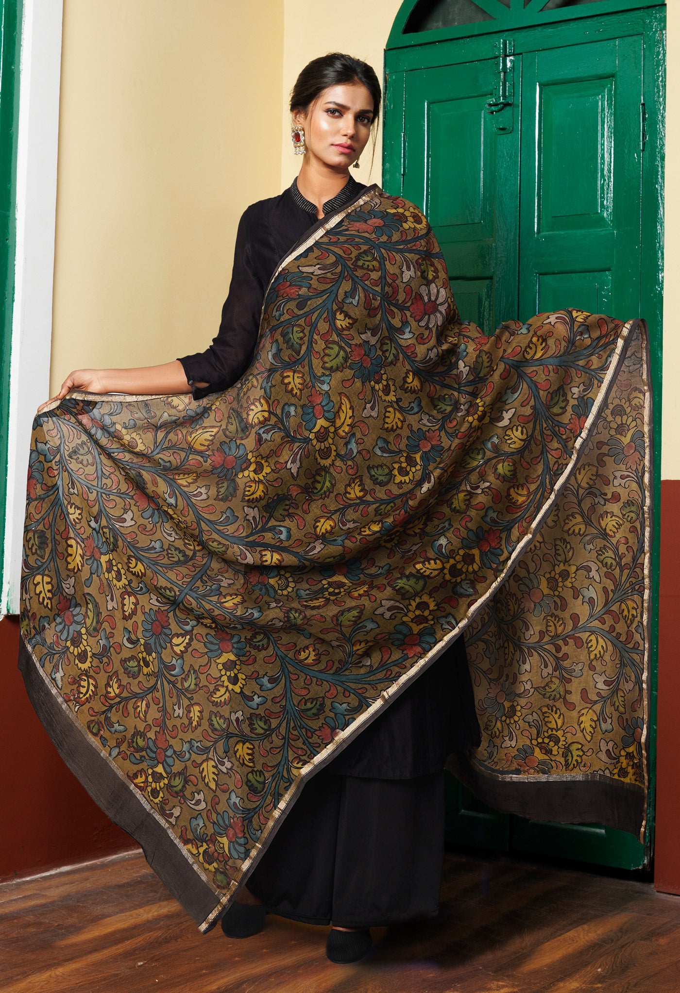 Olive Green Pure Pen Kalamkari Hand Painted Chanderi Cotton Silk Dupatta –UDS5402