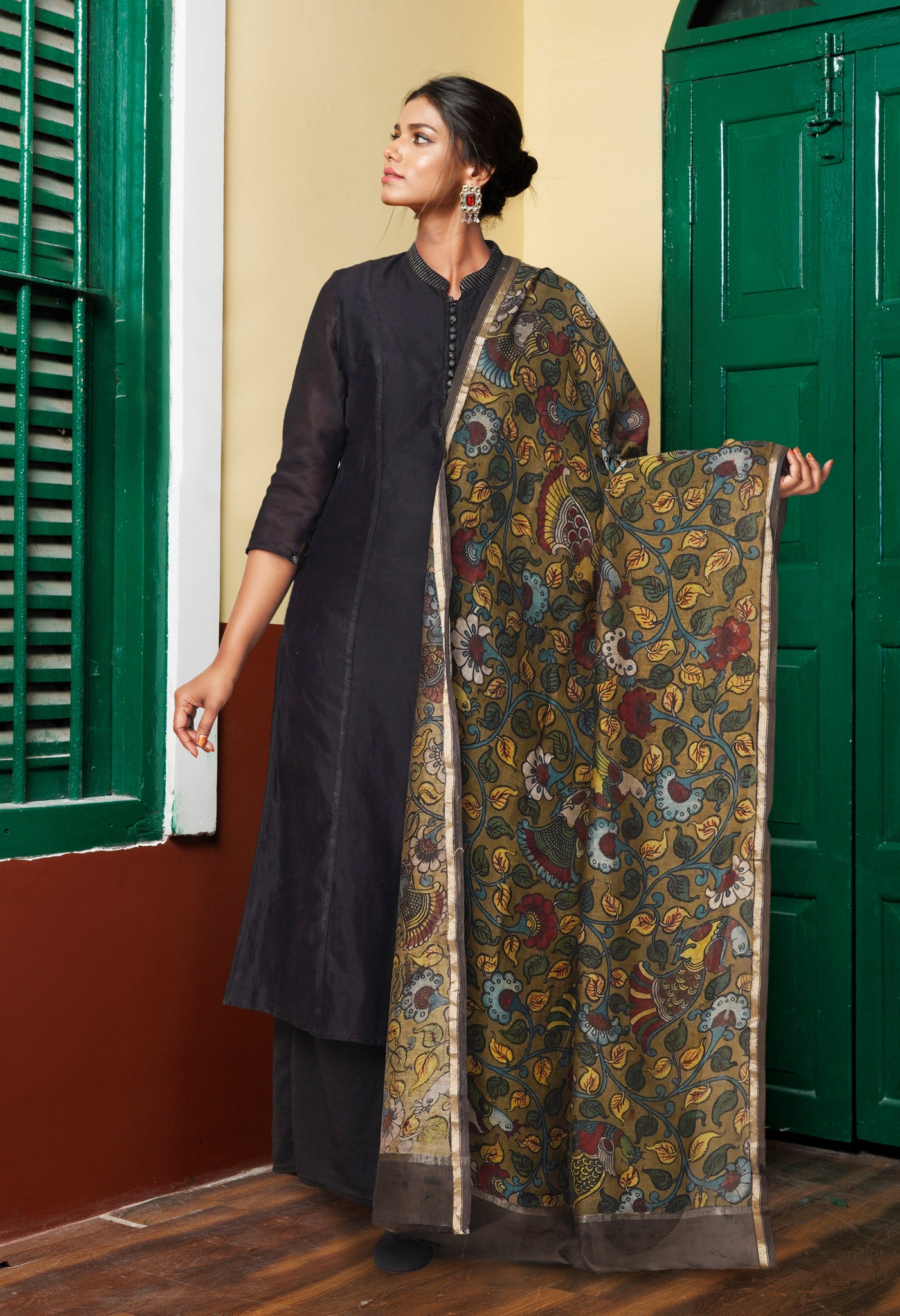 Olive Green Pure Pen Kalamkari Hand Painted Chanderi Cotton Silk Dupatta –UDS5405