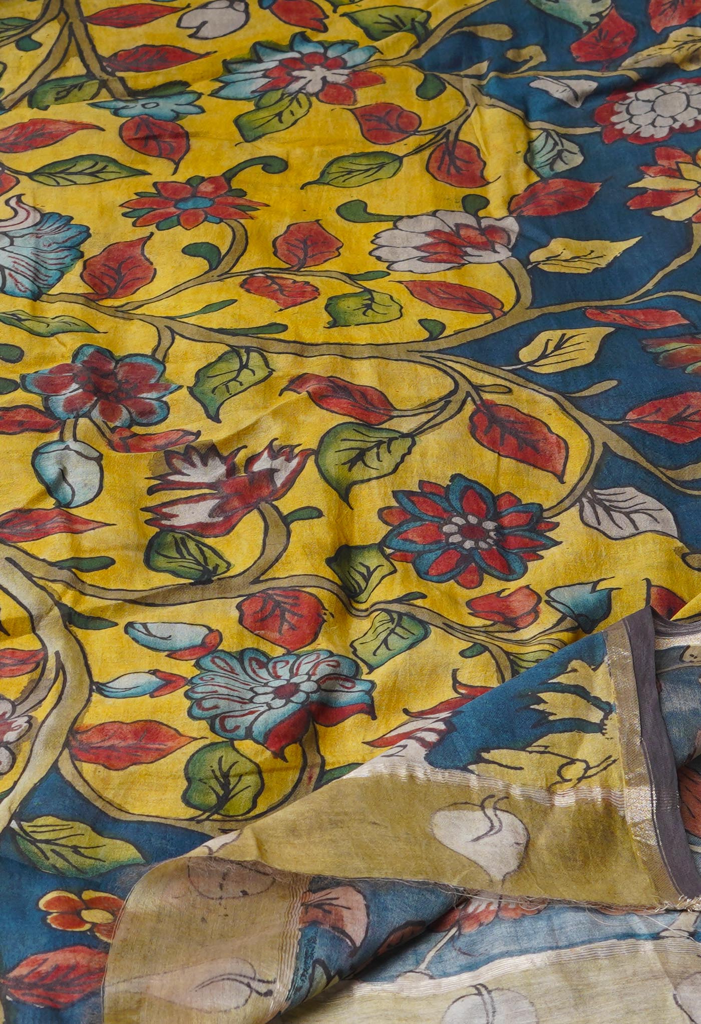 Yellow-Peacock Blue Pure Pen Kalamkari Hand Painted Chanderi Cotton Silk Dupatta –UDS5415