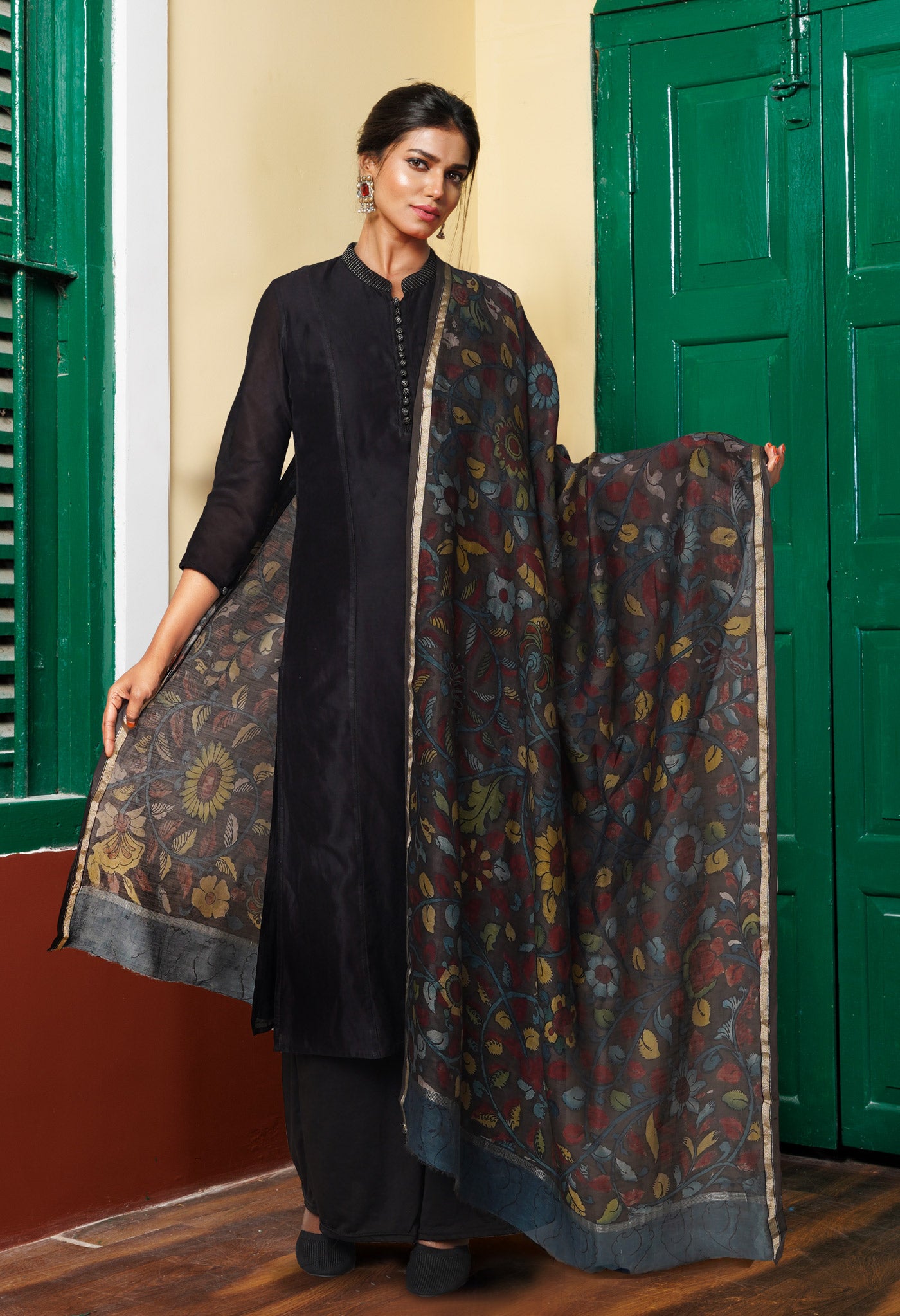 Dark Chocolate Brown Pure Pen Kalamkari Hand Painted Chanderi Cotton Silk Dupatta –UDS5424