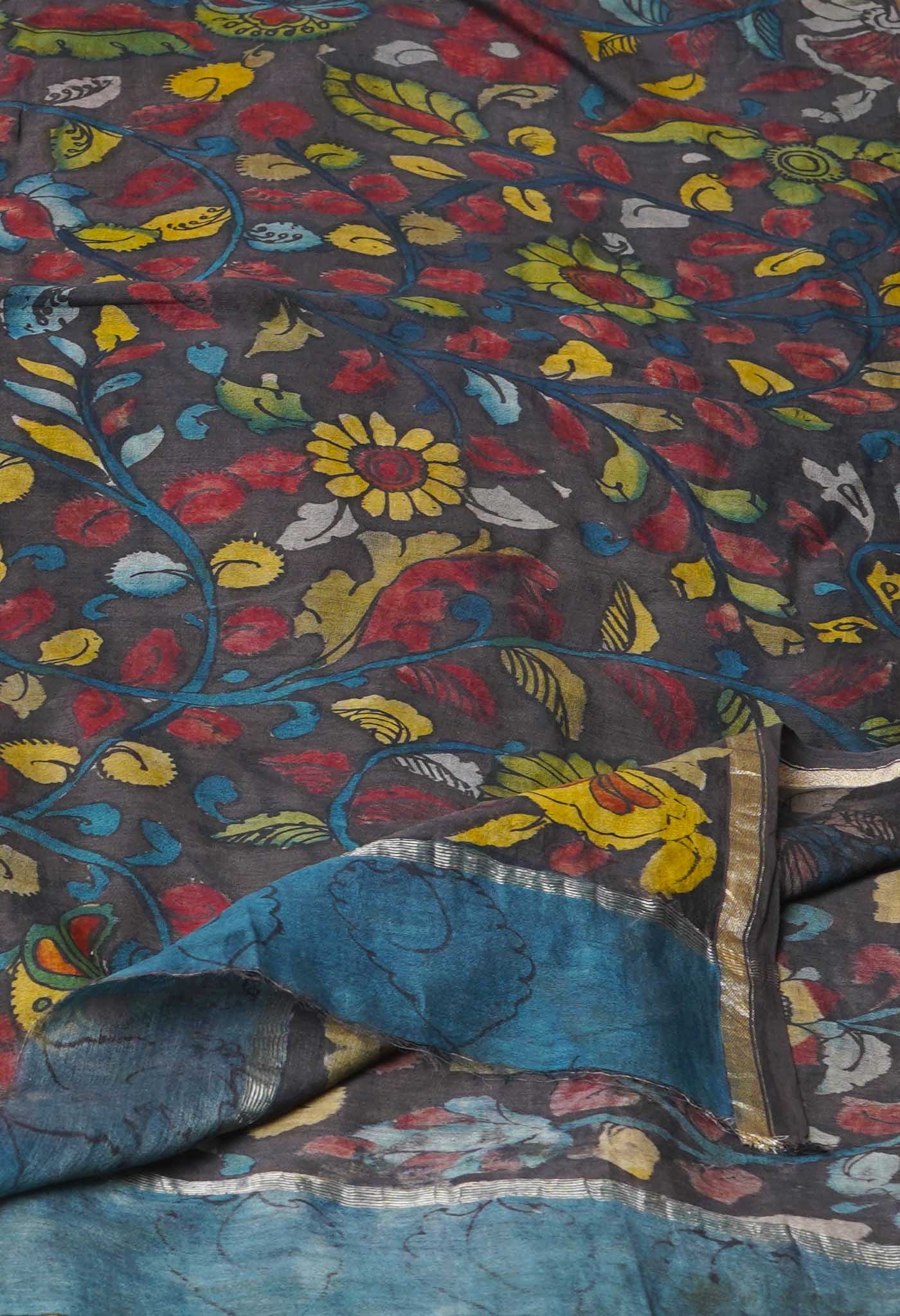 Dark Chocolate Brown Pure Pen Kalamkari Hand Painted Chanderi Cotton Silk Dupatta –UDS5424