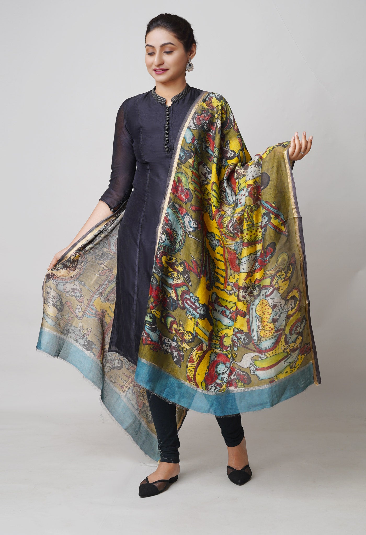 Yellow-Olive Green Pure Pen Kalamkari Hand Painted Chanderi Cotton Silk Dupatta –UDS5425