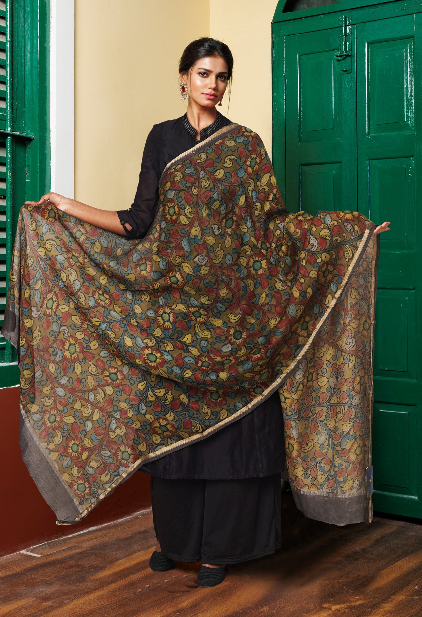 Olive Green Pure Pen Kalamkari Hand Painted Chanderi Cotton Silk Dupatta –UDS5431