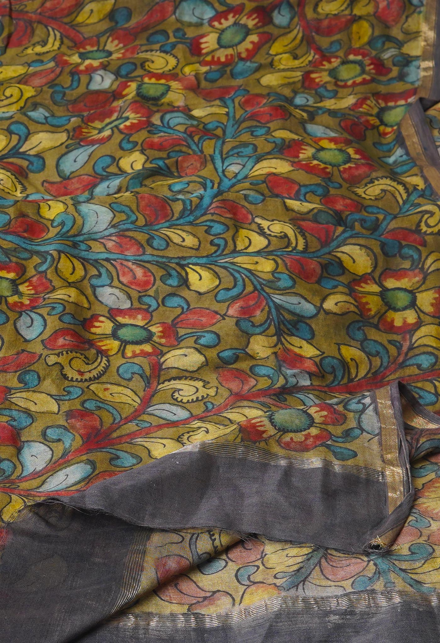 Olive Green Pure Pen Kalamkari Hand Painted Chanderi Cotton Silk Dupatta –UDS5431