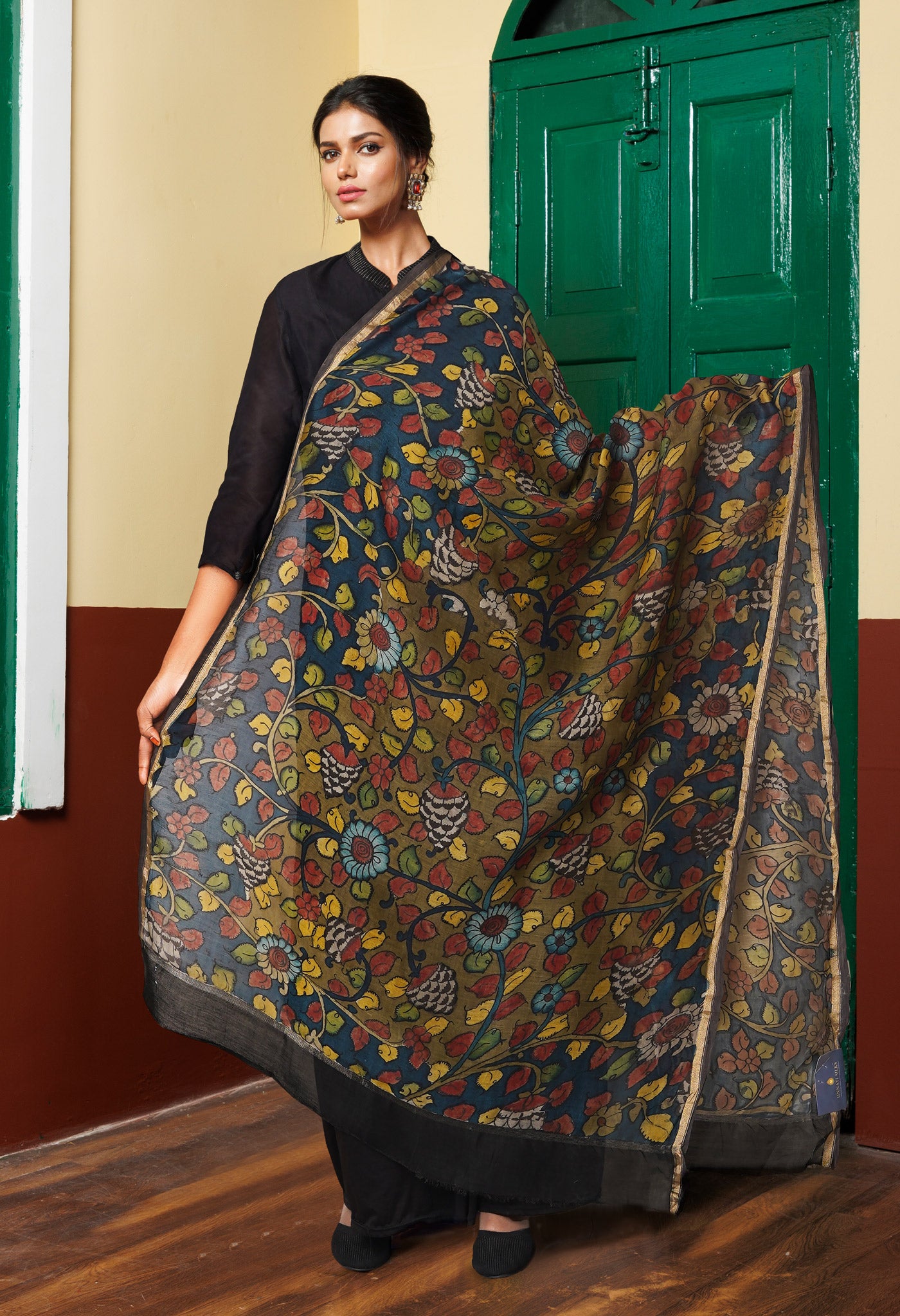 Olive Green-Peacock Blue Pure Pen Kalamkari Hand Painted Chanderi Cotton Silk Dupatta –UDS5436