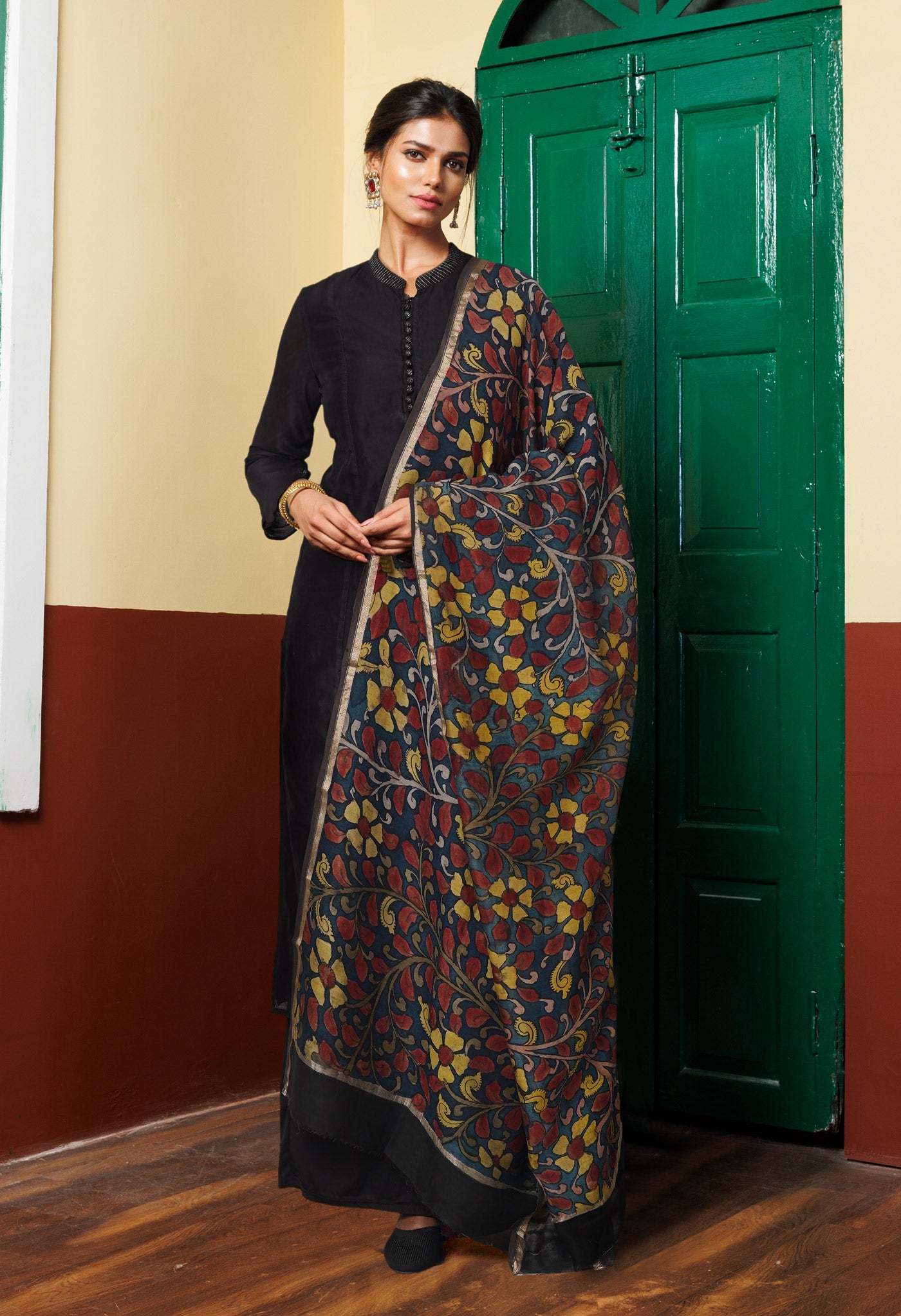 Peacock Blue Pure Pen Kalamkari Hand Painted Chanderi Cotton Silk Dupatta –UDS5445