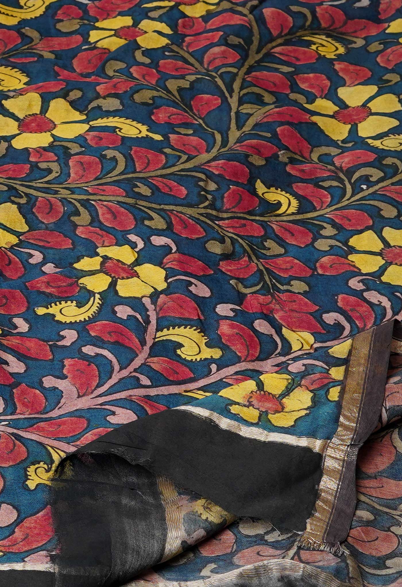 Peacock Blue Pure Pen Kalamkari Hand Painted Chanderi Cotton Silk Dupatta –UDS5445