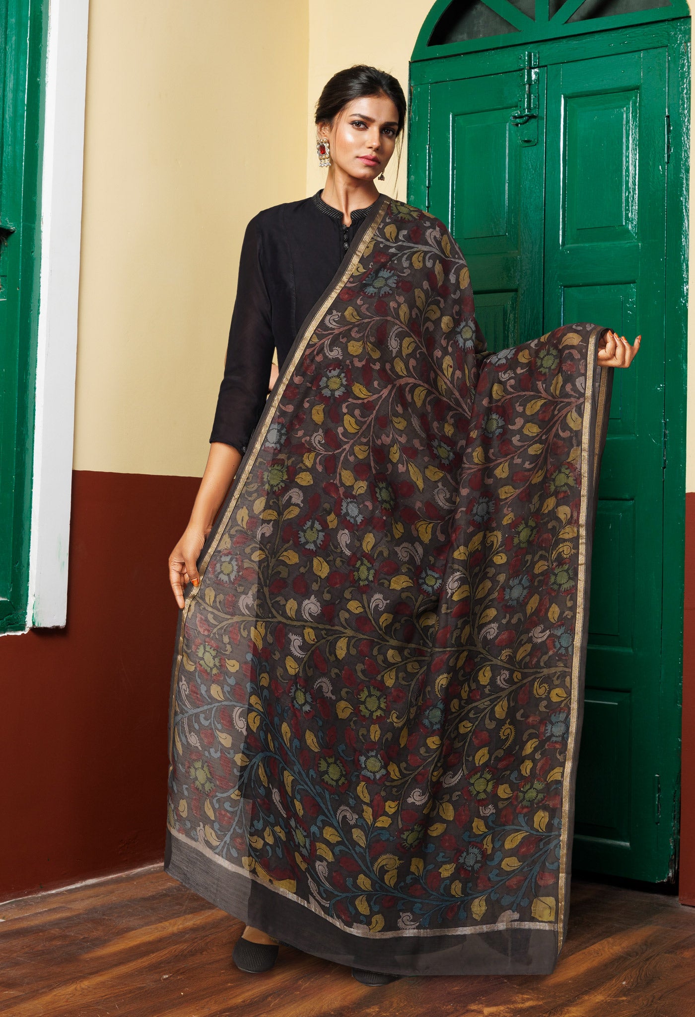 Dark Chocolate Brown Pure Pen Kalamkari Hand Painted Chanderi Cotton Silk Dupatta –UDS5452