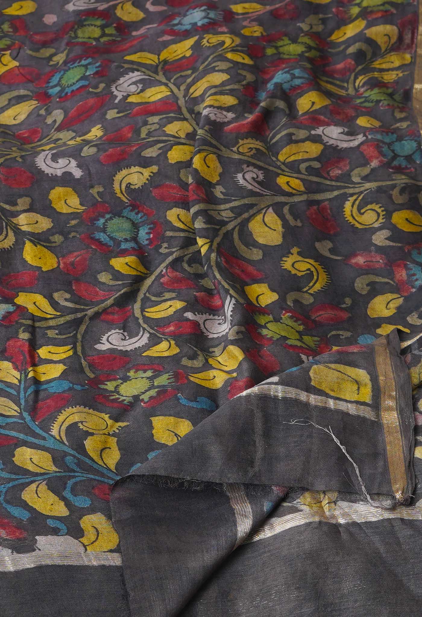 Dark Chocolate Brown Pure Pen Kalamkari Hand Painted Chanderi Cotton Silk Dupatta –UDS5452