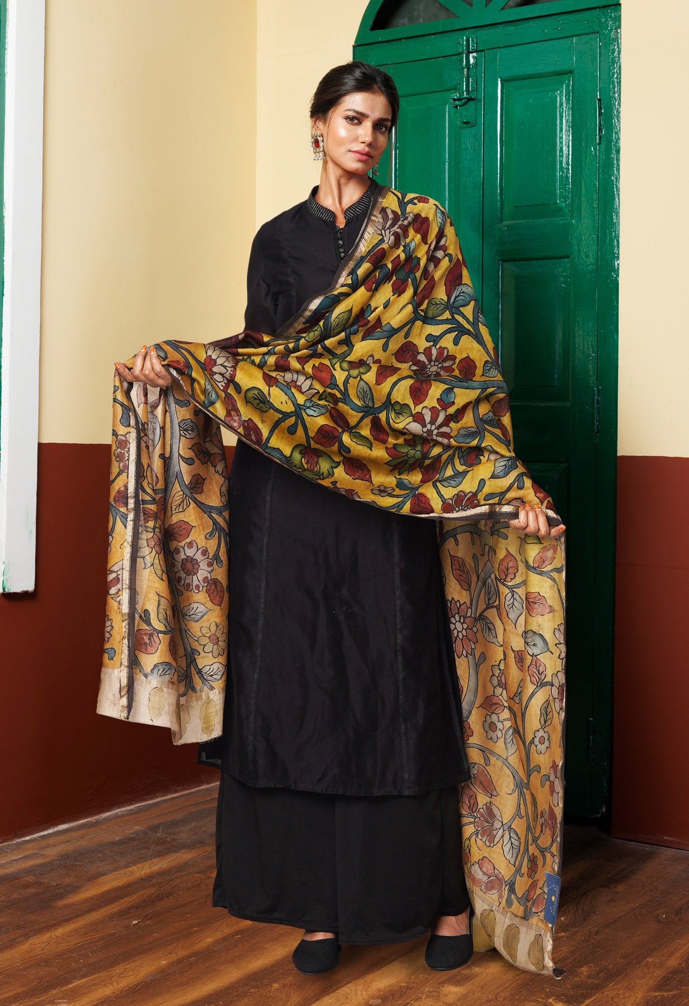 Yellow Pure Pen Kalamkari Hand Painted Chanderi Cotton Silk Dupatta –UDS5458