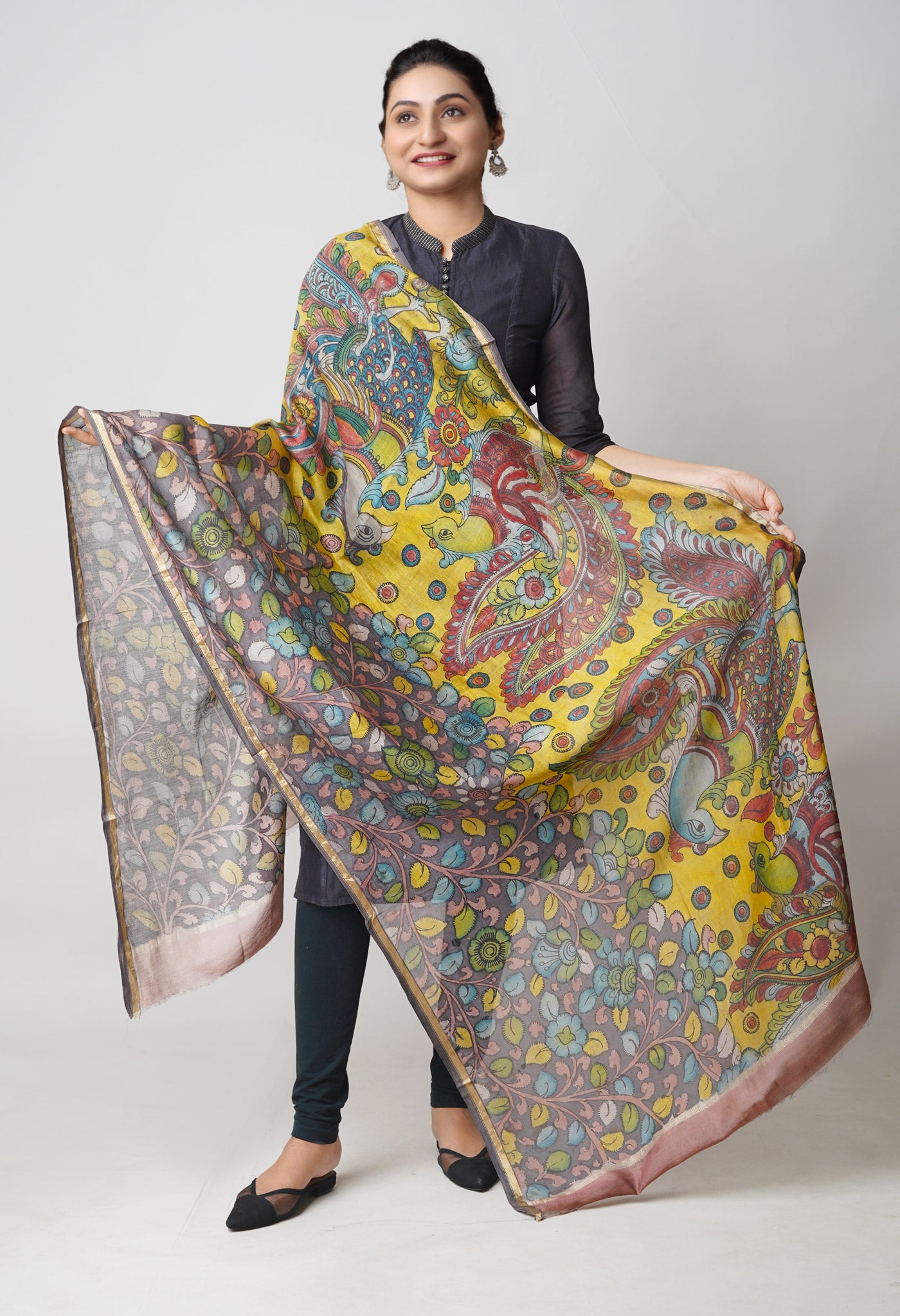 Yellow-Grey Pure Pen Kalamkari Hand Painted Chanderi Cotton Silk Dupatta –UDS5462