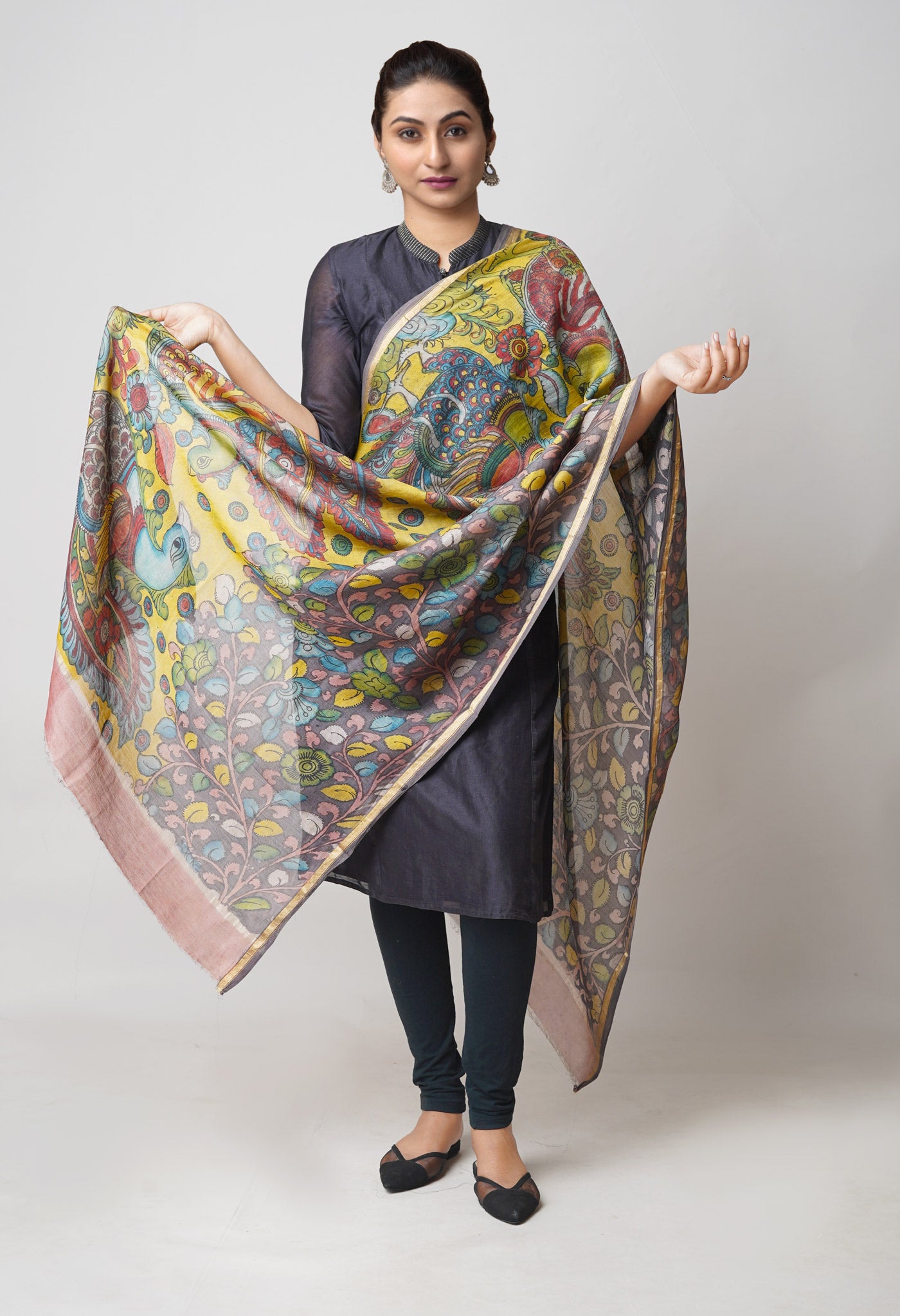 Yellow-Grey Pure Pen Kalamkari Hand Painted Chanderi Cotton Silk Dupatta –UDS5462