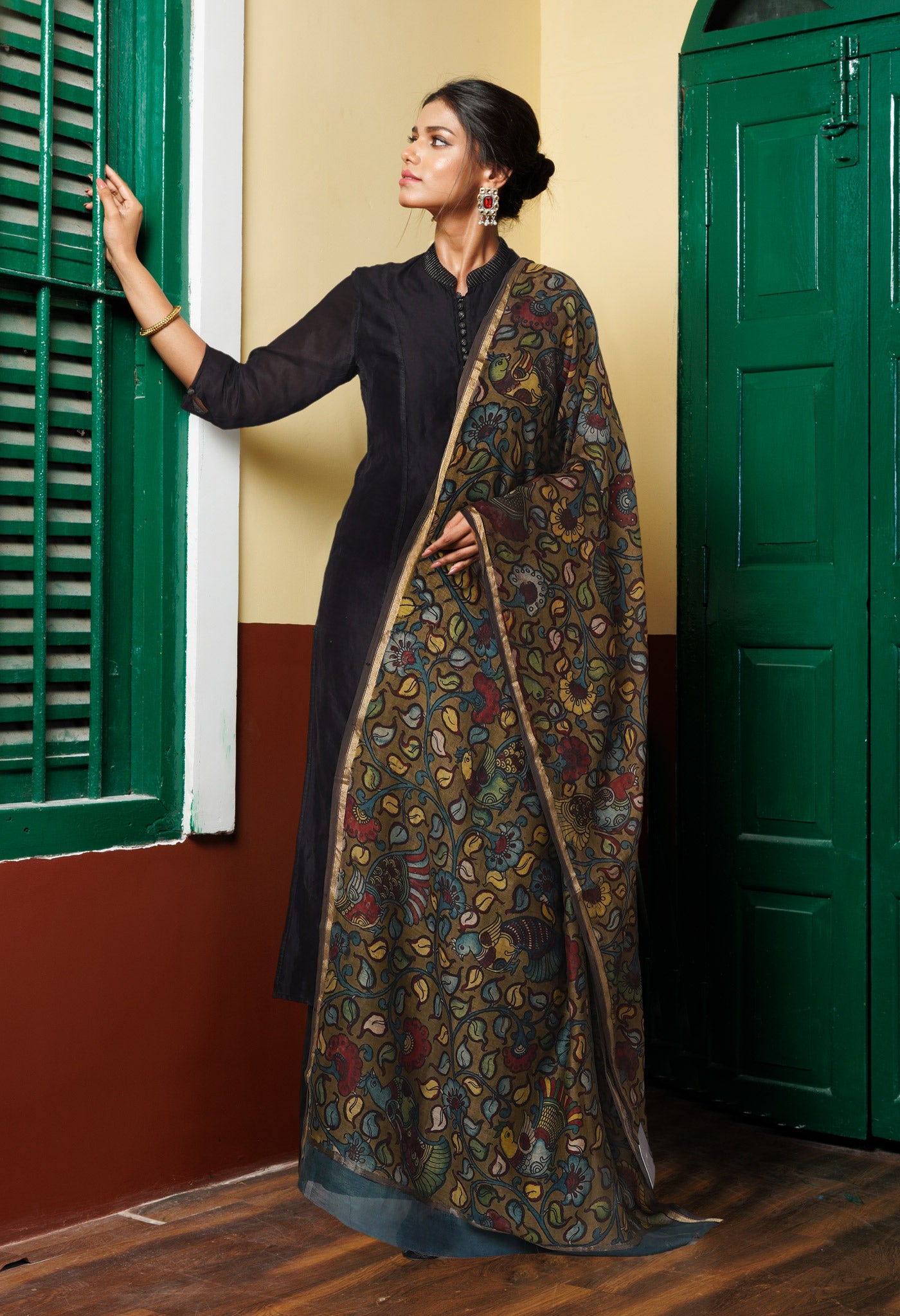 Olive Green Pure Pen Kalamkari Hand Painted Chanderi Cotton Silk Dupatta –UDS5473