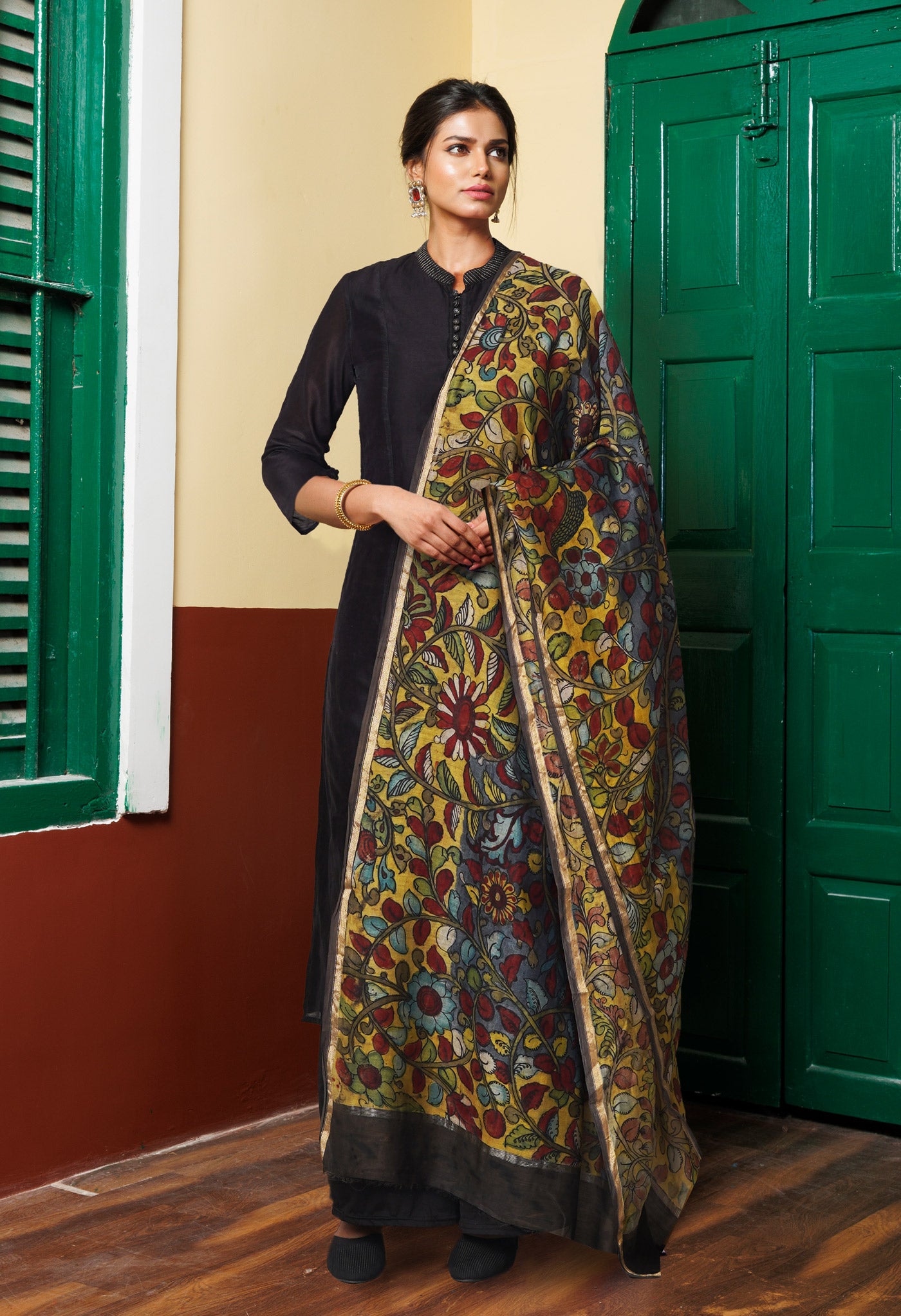 Grey-Yellow Pure Pen Kalamkari Hand Painted Chanderi Cotton Silk Dupatta –UDS5475