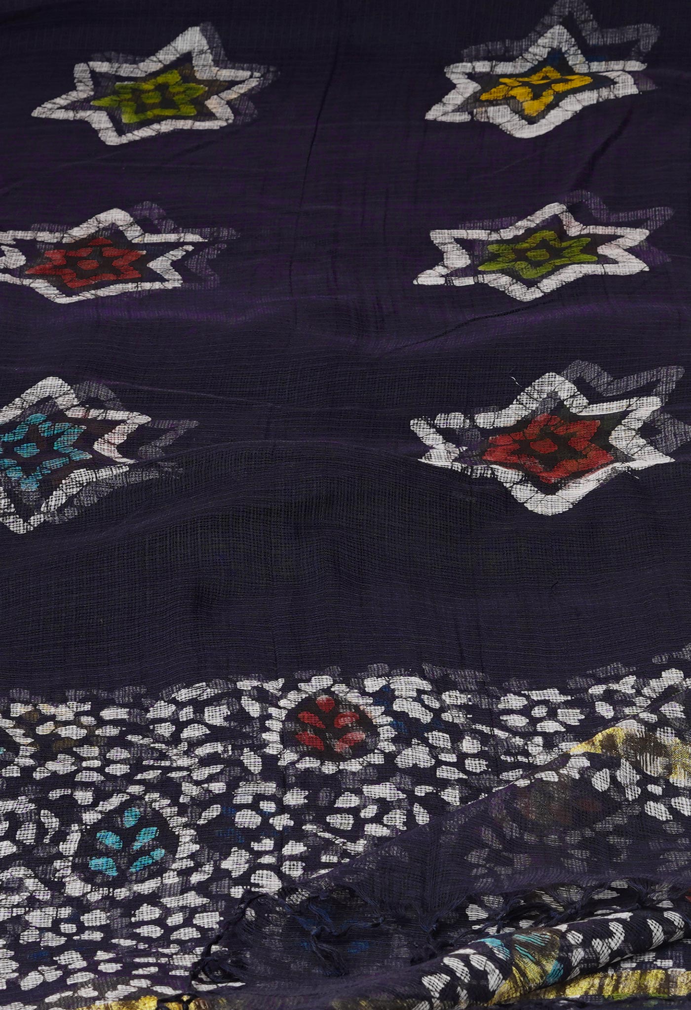 Black Pure Kota Hand Block Wax Batik Printed Zari Piping Kota Cotton Dupatta–UDS5521