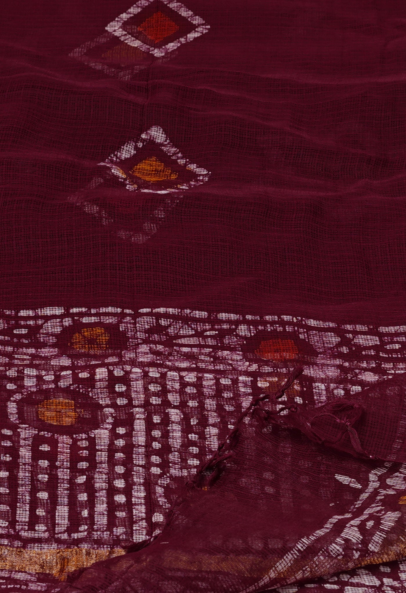 Maroon Pure Kota Hand Block Wax Batik Printed Zari Piping Kota Cotton Dupatta–UDS5526
