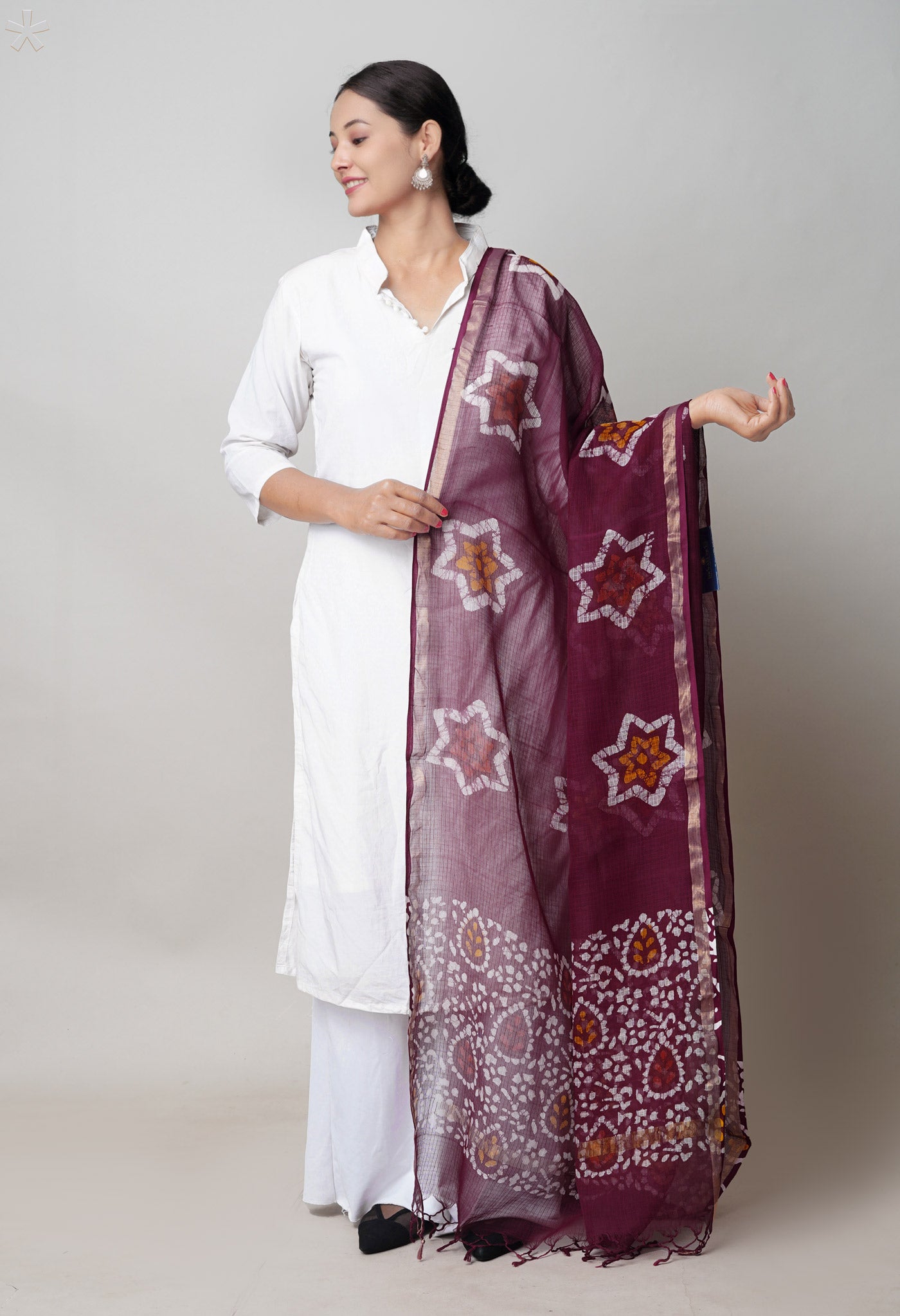 Maroon Pure Kota Hand Block Wax Batik Printed Zari Piping Kota Cotton  Dupatta–UDS5528