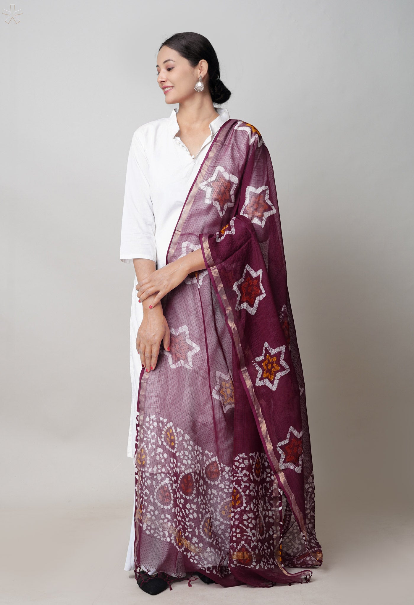 Maroon Pure Kota Hand Block Wax Batik Printed Zari Piping Kota Cotton  Dupatta–UDS5528