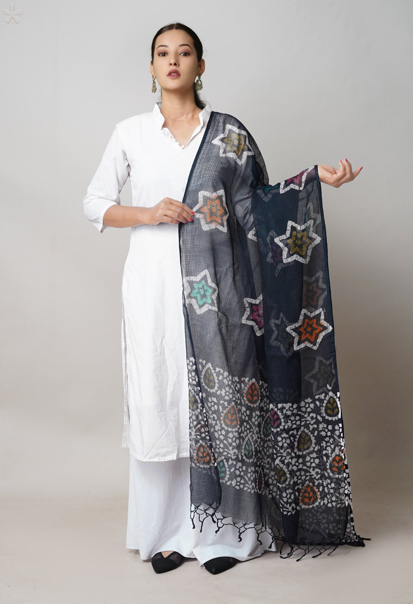Black Pure Rajasthani Kota Hand Block Wax Batik Printed Kota Cotton Dupatta–UDS5530