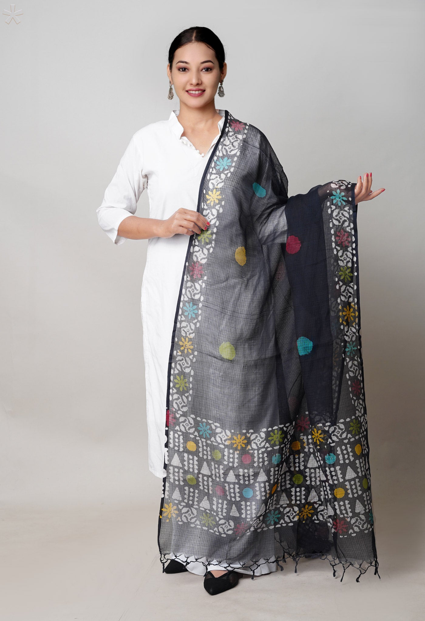 Black Pure Rajasthani Kota Hand Block Wax Batik Printed Kota Cotton Dupatta–UDS5536