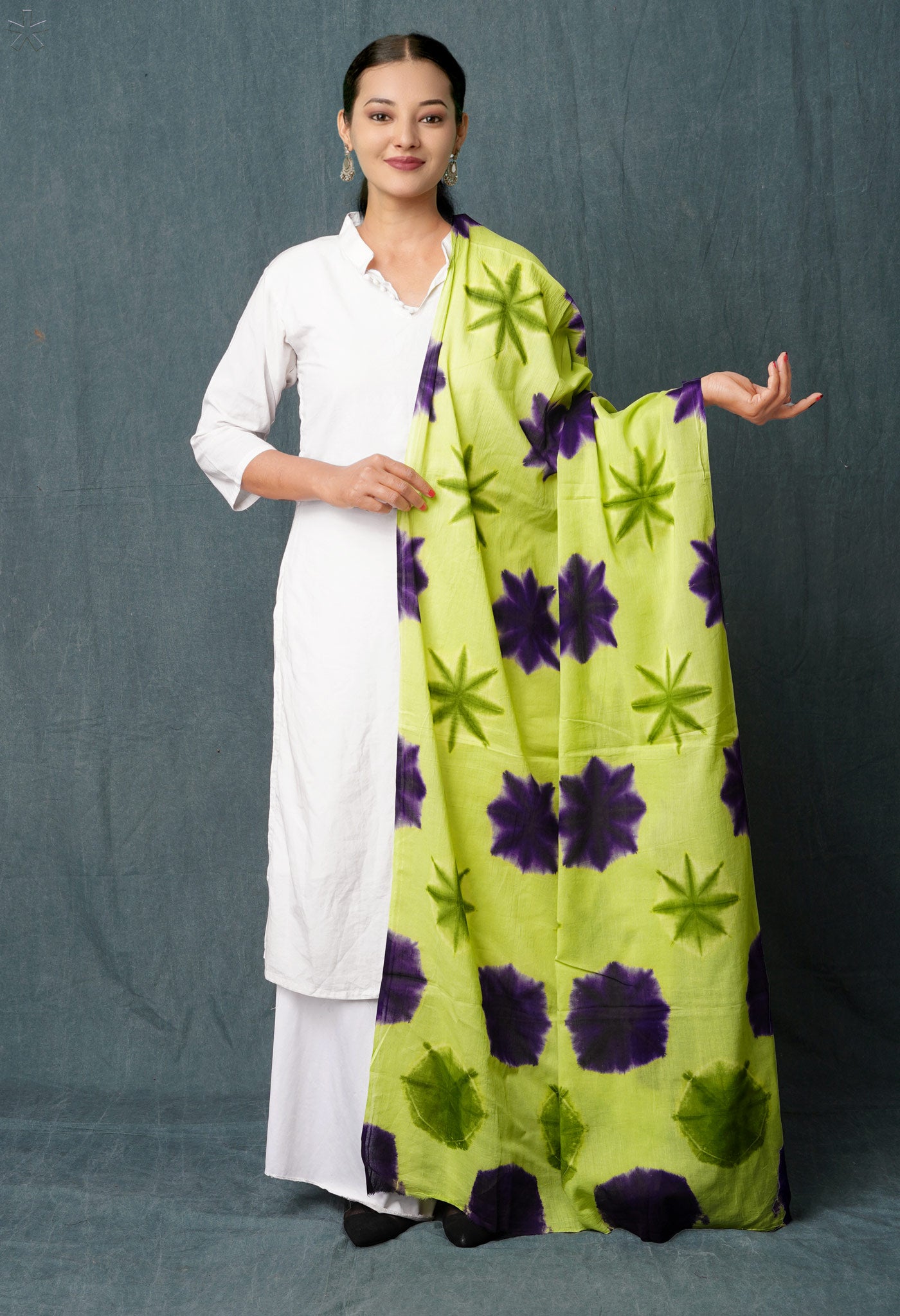 Green Pure Tie- Dye Shibori Printed Superfine Mulmul Cotton Dupatta-UDS5546