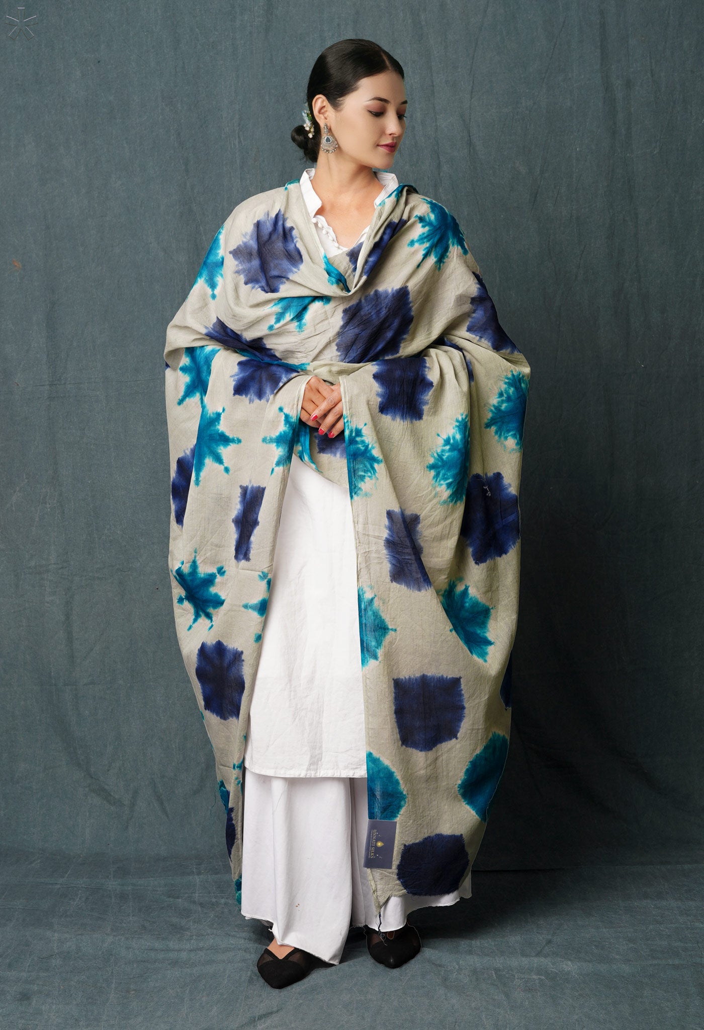 Grey Pure Tie- Dye Shibori Printed Superfine Mulmul Cotton Dupatta-UDS5547