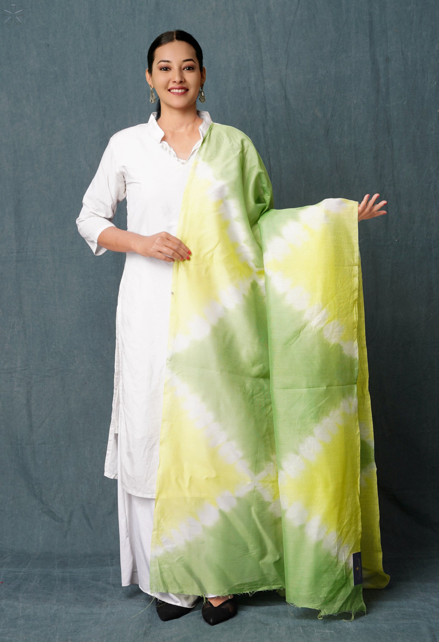 Yellow-Green Pure Tie- Dye Shibori Printed Superfine Mulmul Cotton Dupatta-UDS5549